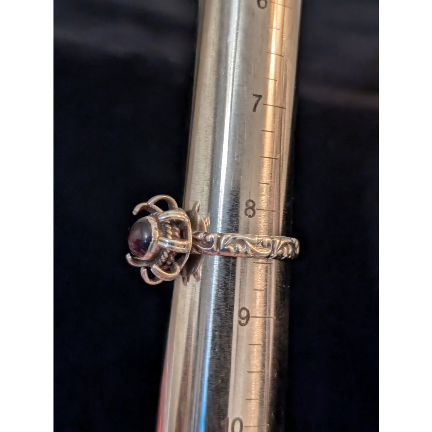 Vintage Unique 'Venus Fly Trap Flower' Garnet Cab Sterling Silver Ring Size 8.25