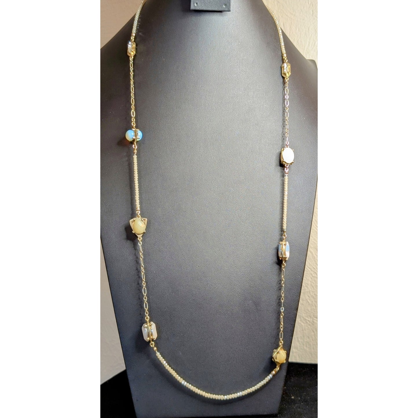 Vintage Ann Taylor Loft Crystal Beaded Glass Cabochon Statement Long Necklace