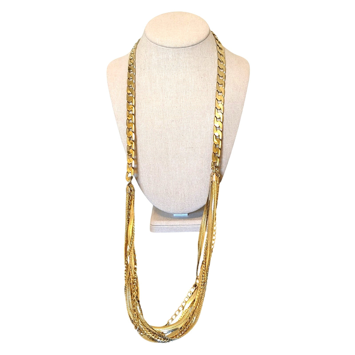 Chunky Long One Strand Into Seven Strands High Shine Gold Tone Chain Necklace