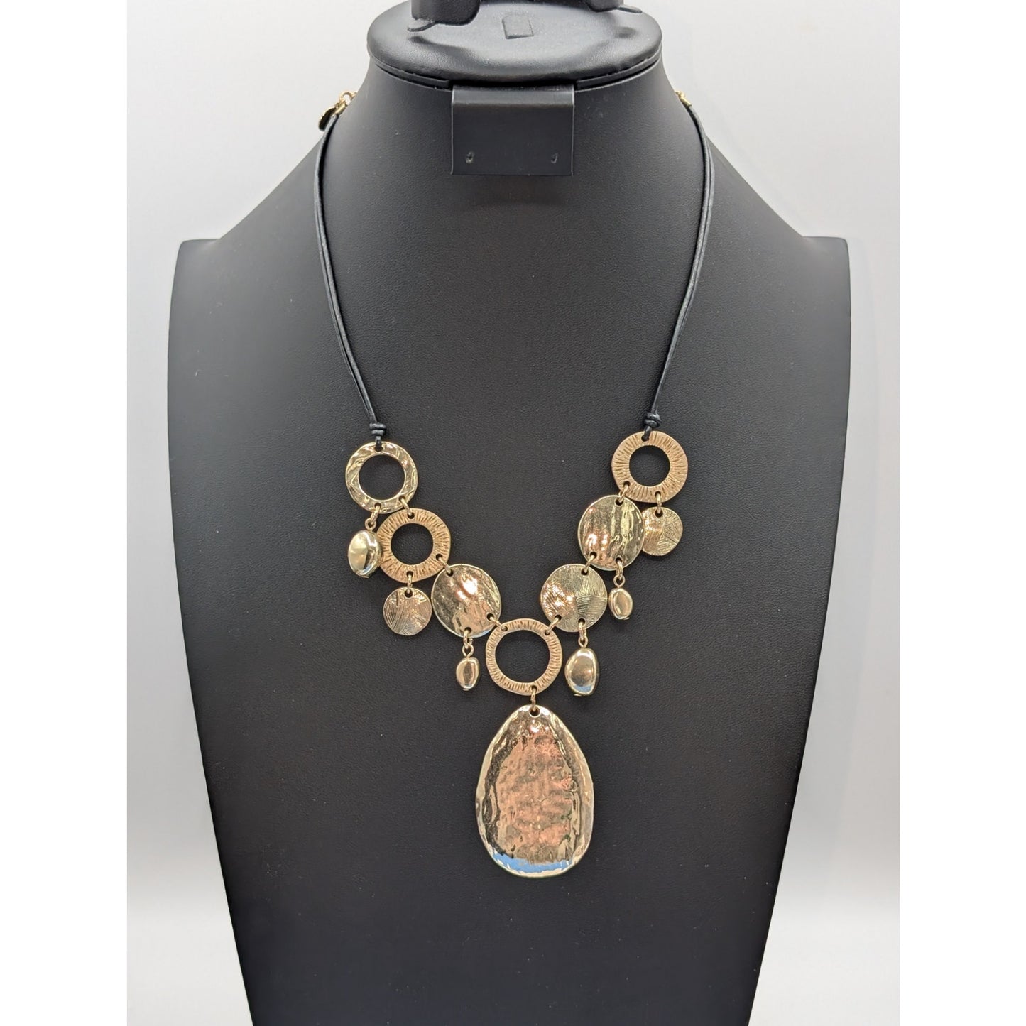 Chico's Gold Tone Hammered Metal Disk Dangles Corded 17"-21" Necklace