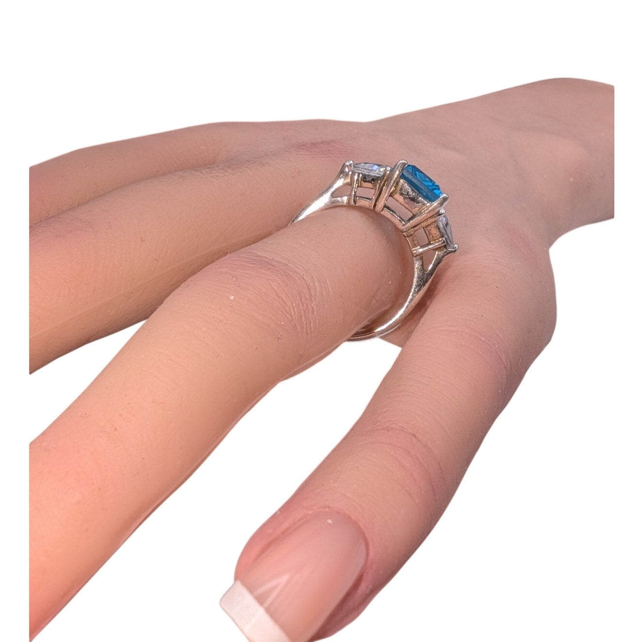 Silver Plated Blue Emerald Cut Center Stone Side Trillion CZ Cocktail Ring Sz 9