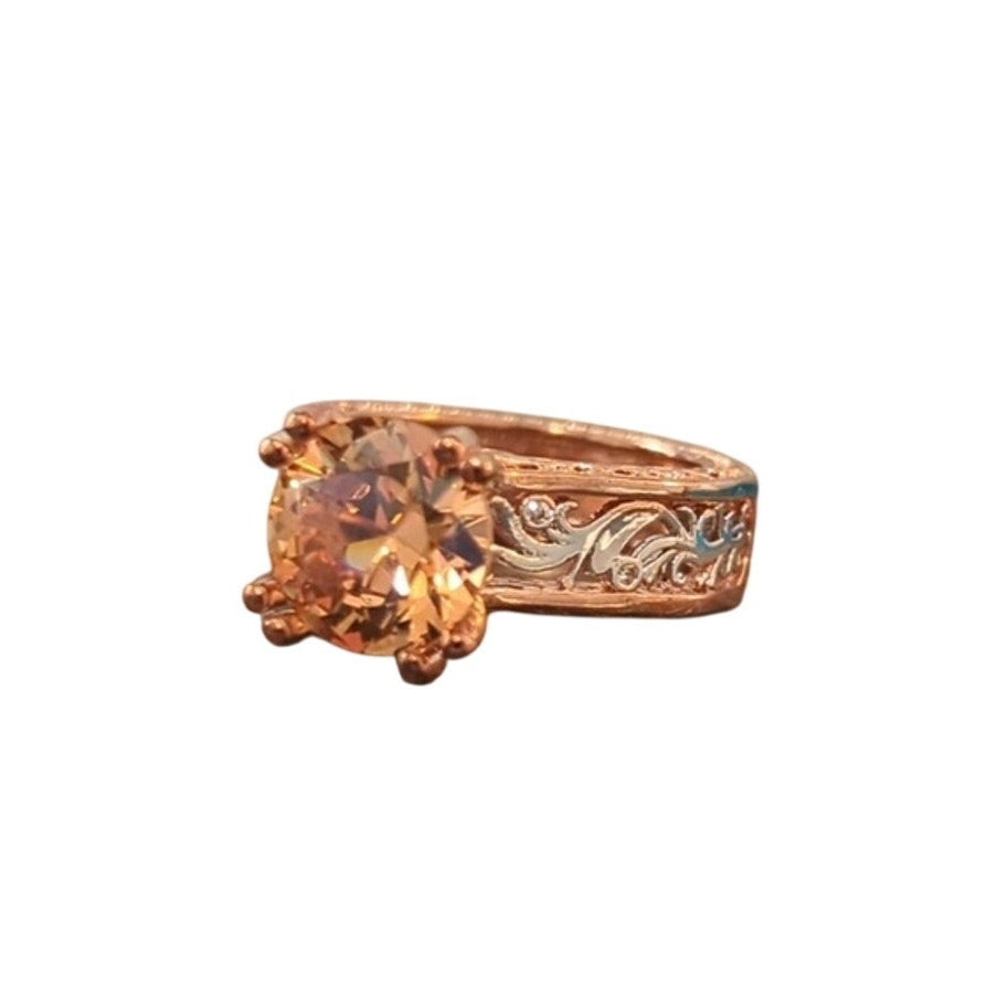 925 Two Toned Filigree Rose/Silver Metal Champagne Color Stone Ring Sz 5.5