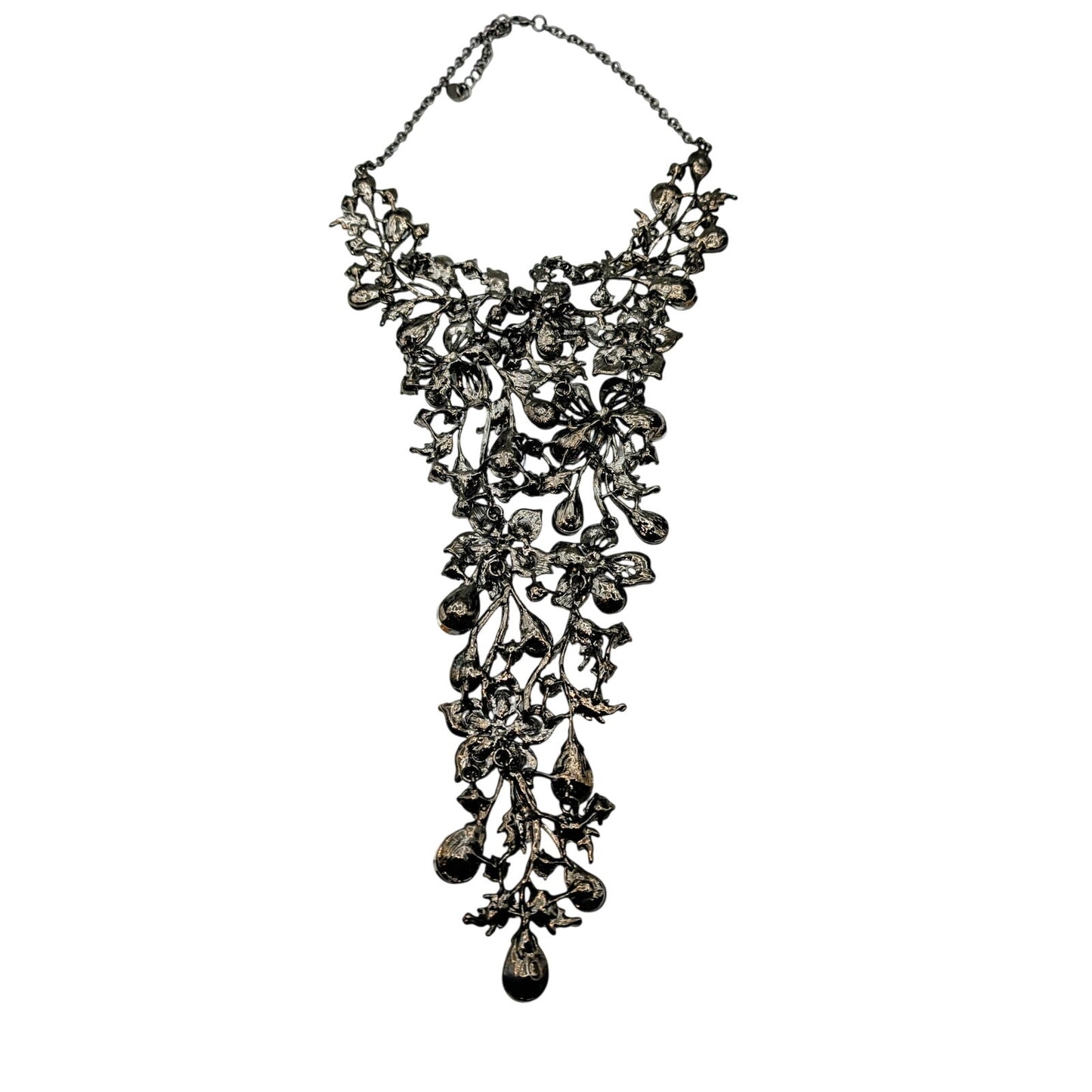 Natasha Flower Power Black Gray Metallic Stone Gun Metal Cascade Necklace