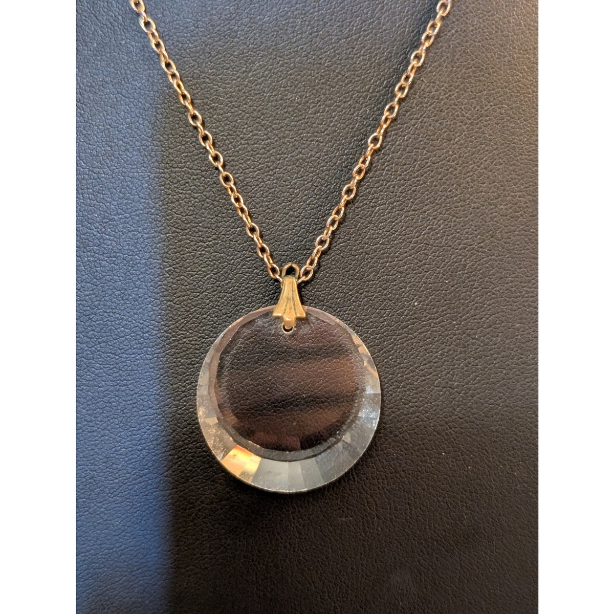 Vintage 18KGP Silver Beveled Edge Round Glass Pendant Chain 18" Necklace