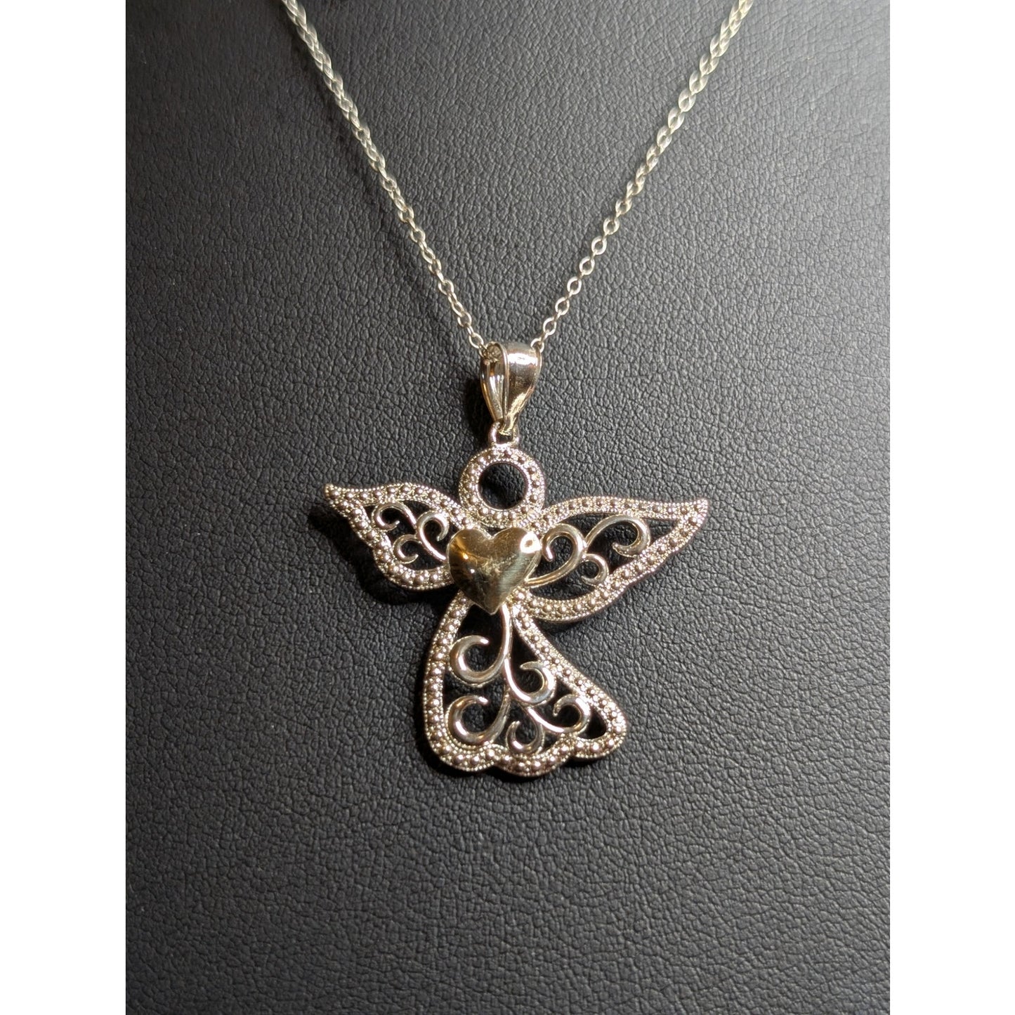 925 Sterling Silver Filigree Angel W/ 10K Yellow Gold Heart Pendant 18" Necklace