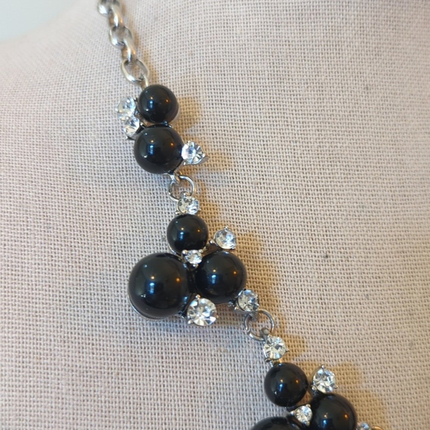 Silver Tone Rolo Chain Three Black Bead & Rhinestone Station Statement Necklace