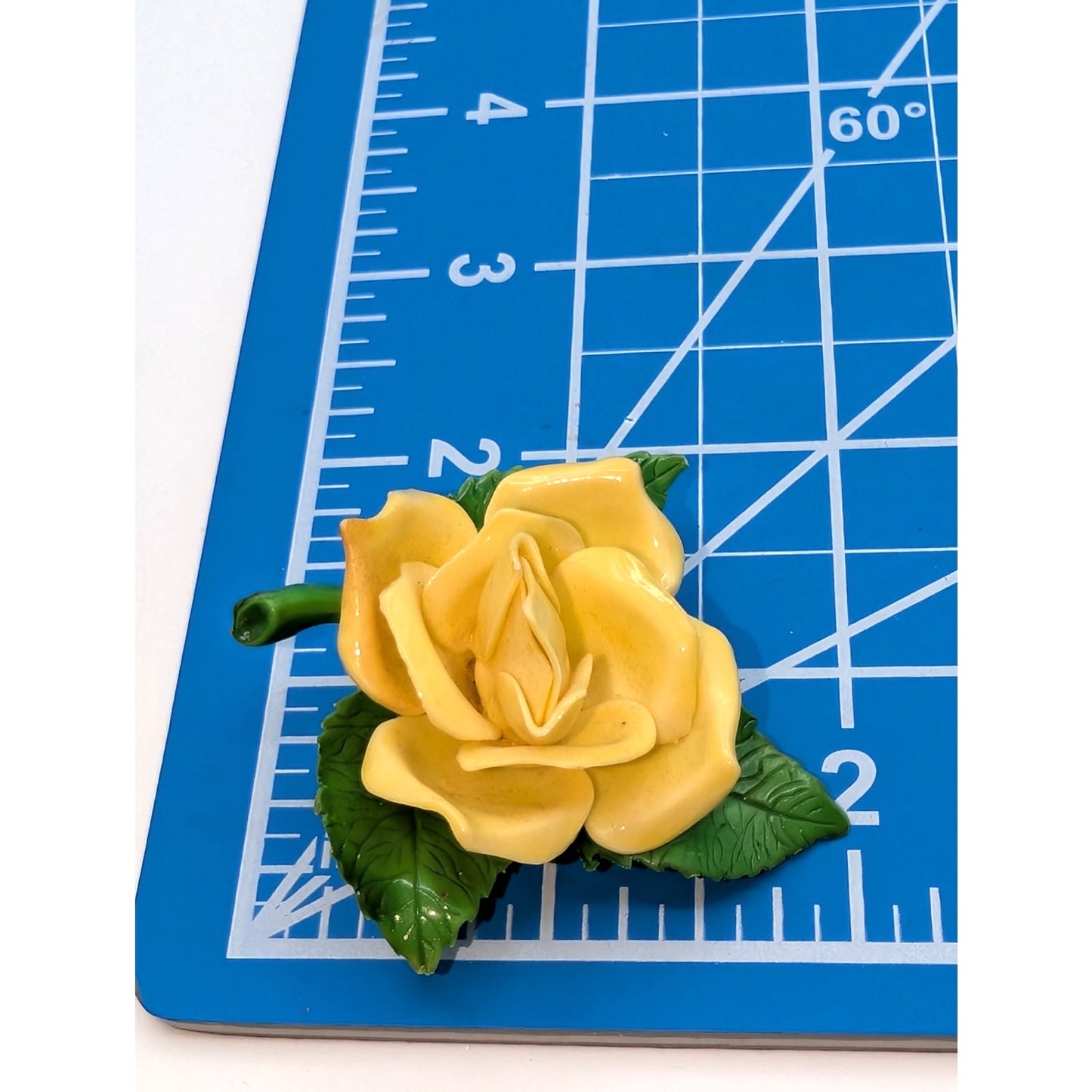 Vintage Yellow Rose Green Leaves Plastic Flower Brooch