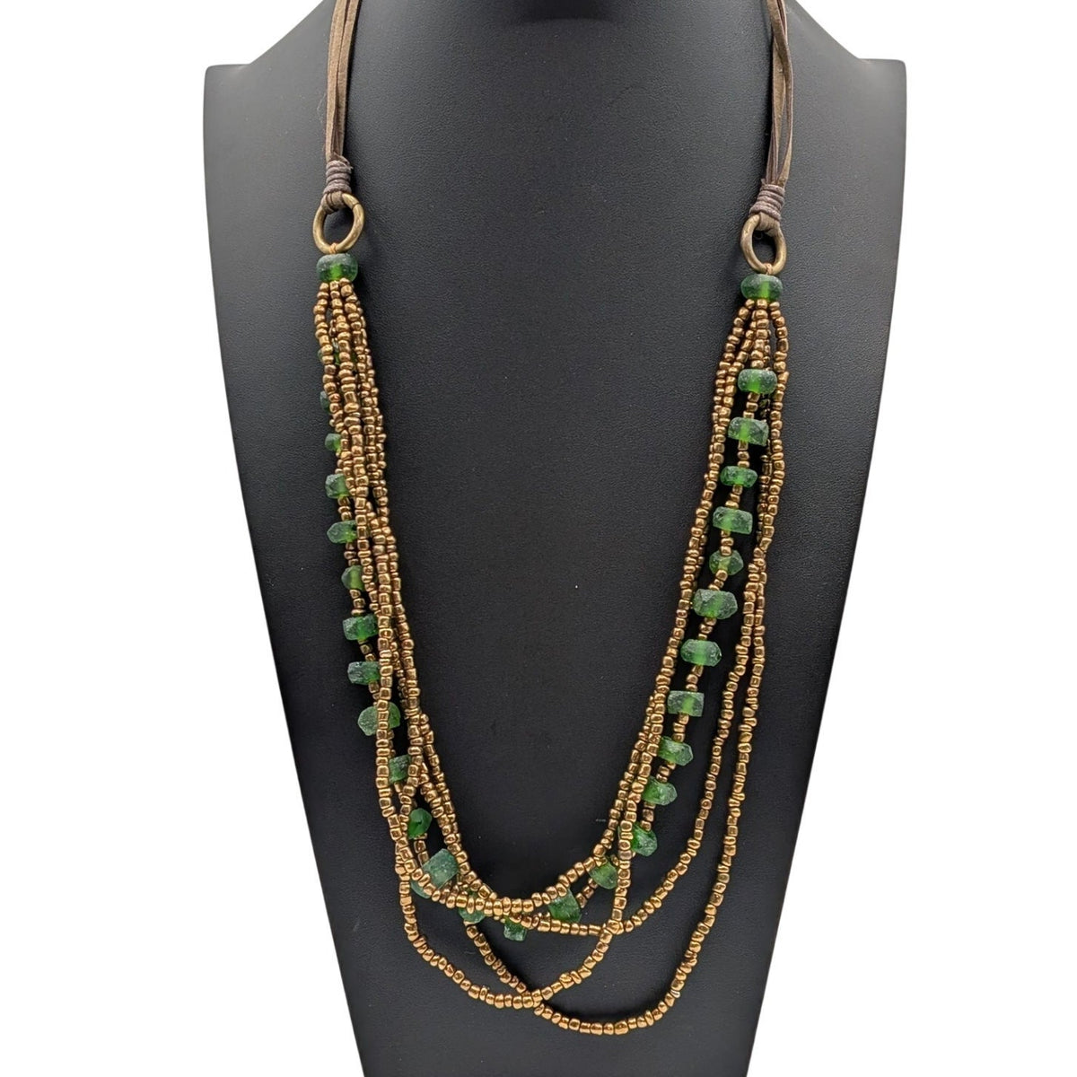 Boho Multi-Strand Leather Cord Bronze Seed Bead & Green Sea Glass Bead Necklace