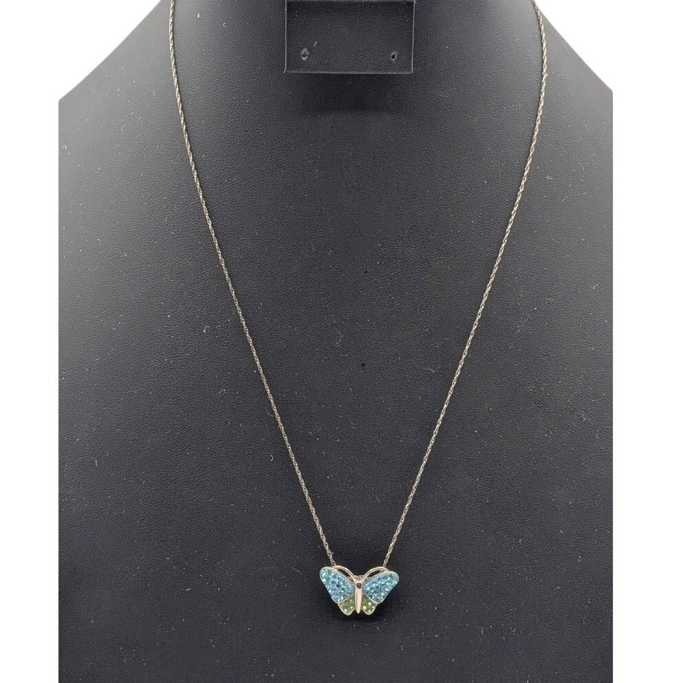 Sterling Silver Blue Green Crystal Butterfly Pendant Vintage Chain 21" Necklace