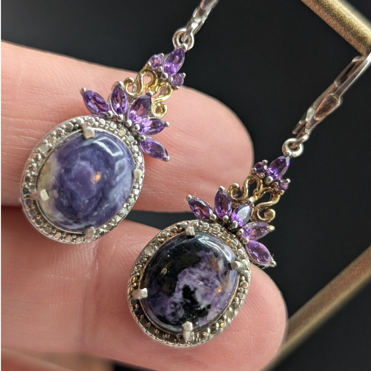 STS Sterling Amethyst/Purple Sodalite Dangle Lever-Back 1.5" Earrings 7.04g