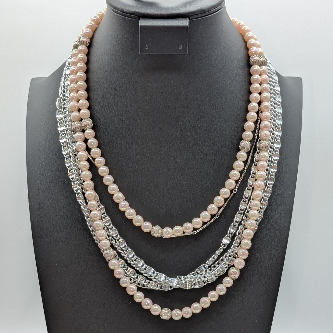 Lot of Five Vintage to Modern Silver Tone Pink & Gray Faux Pearl Necklaces