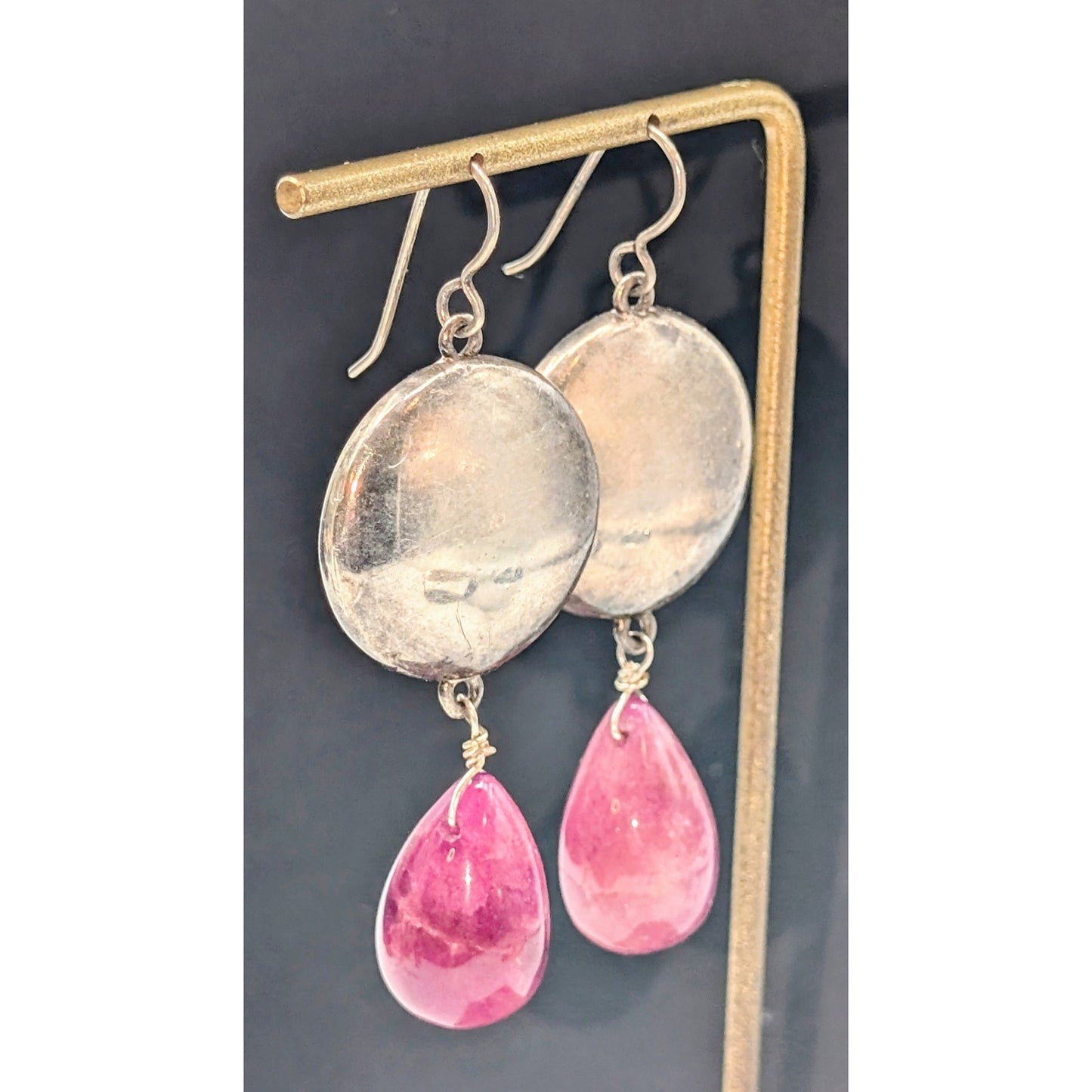 Vintage 925 Sterling Silver Pink Spinel Teardrop Dangle Wire Earrings