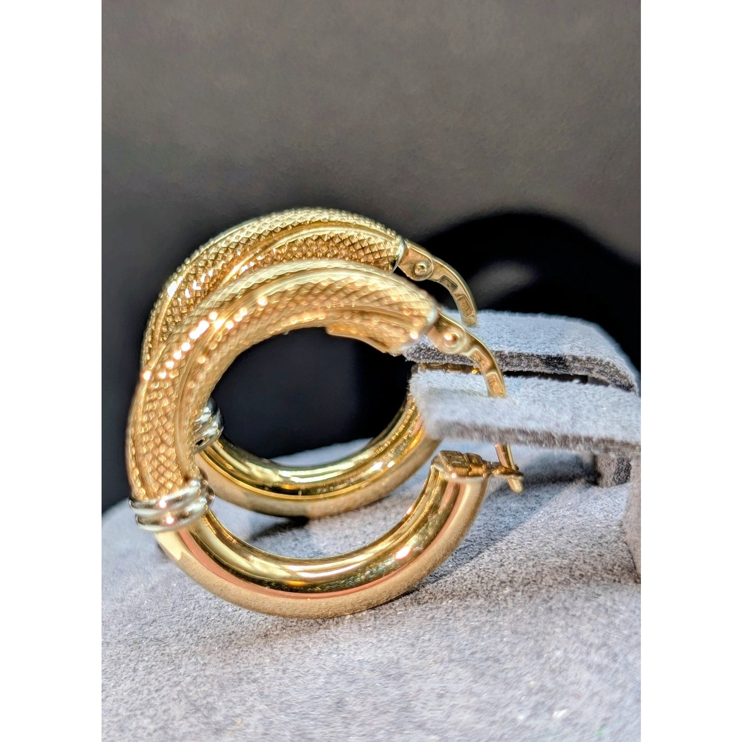 18K Italian Yellow Gold (White Gold Bands) Textured Polished Hoop Earrings