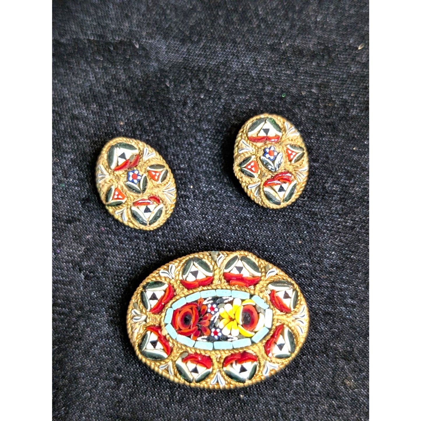 Antique Italian Micro Mosaic Multi Color Brooch & Matching Clip On Earrings