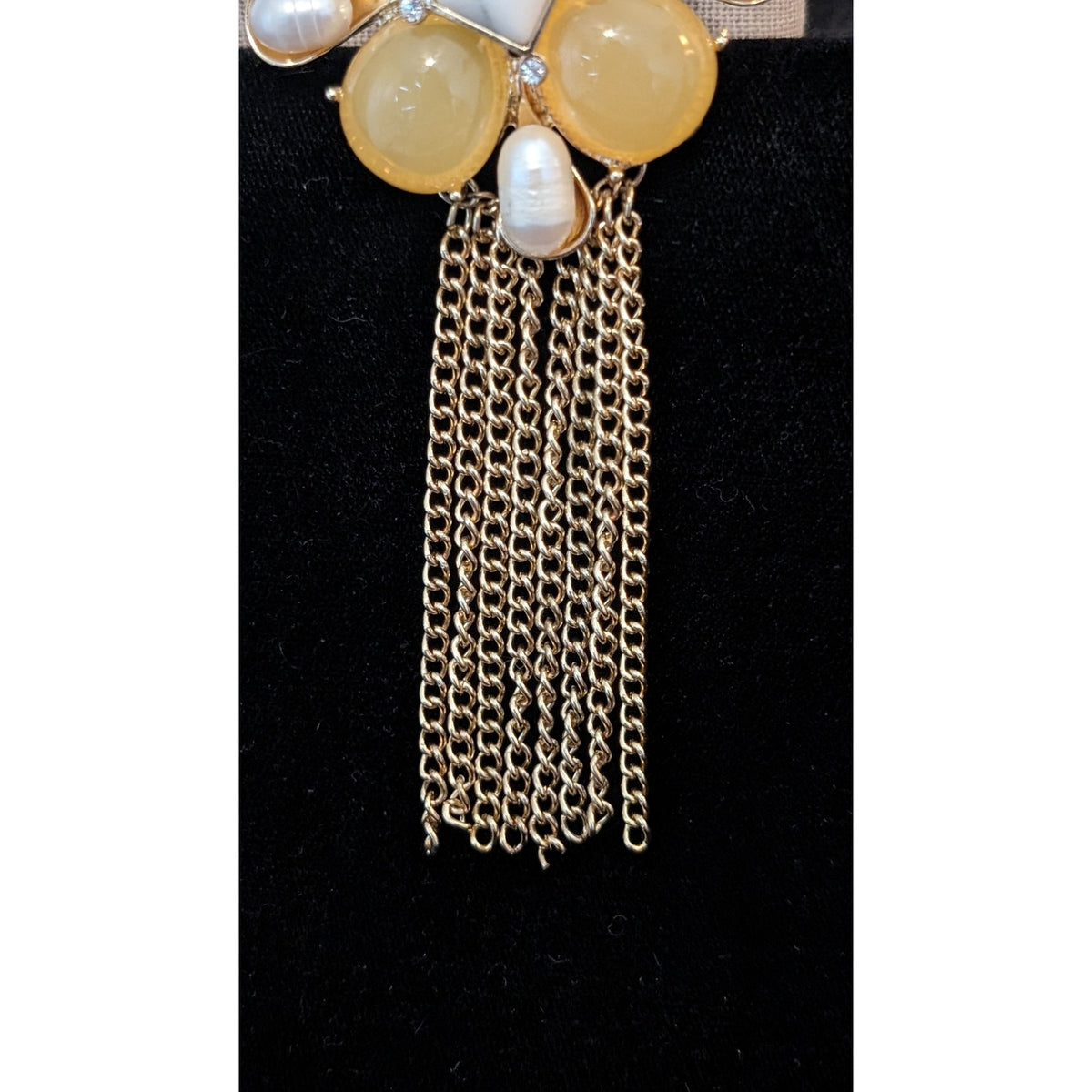 Yellow Gumdrop Pearl Gold Tone Tassel Statement Necklace