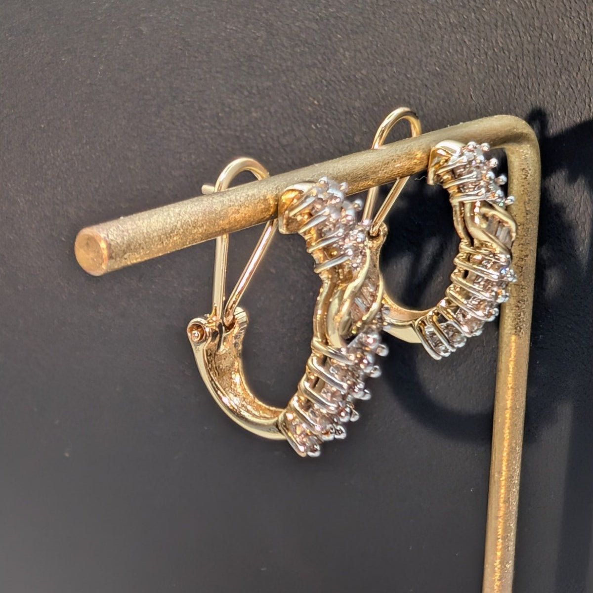Vtg 14K Yellow & White Gold Diamond Omega Back Curved Hoop Earrings 4.83g