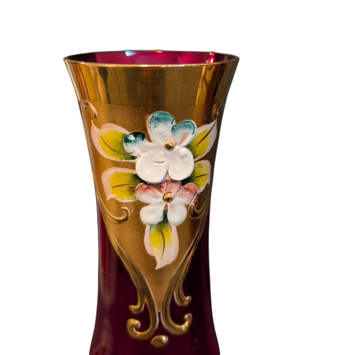 Vtg 50s 2 Red Stem Sherry Glasses Tre Fuochi Murano Italy Venetian Heavy Gilt