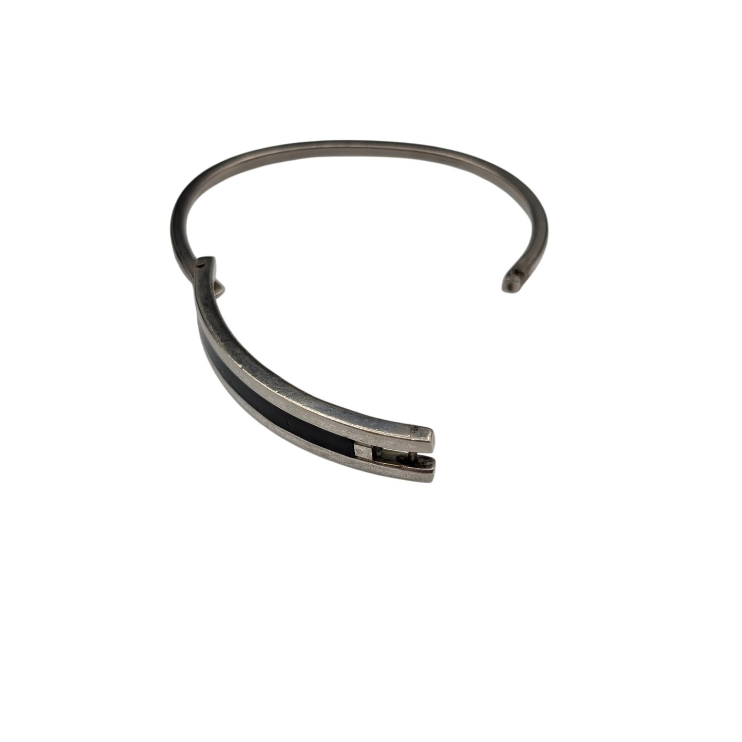 Vintage Made in Mexico Silver Tone Black Inlay Hook Clasp Oval Bangle Bracelet