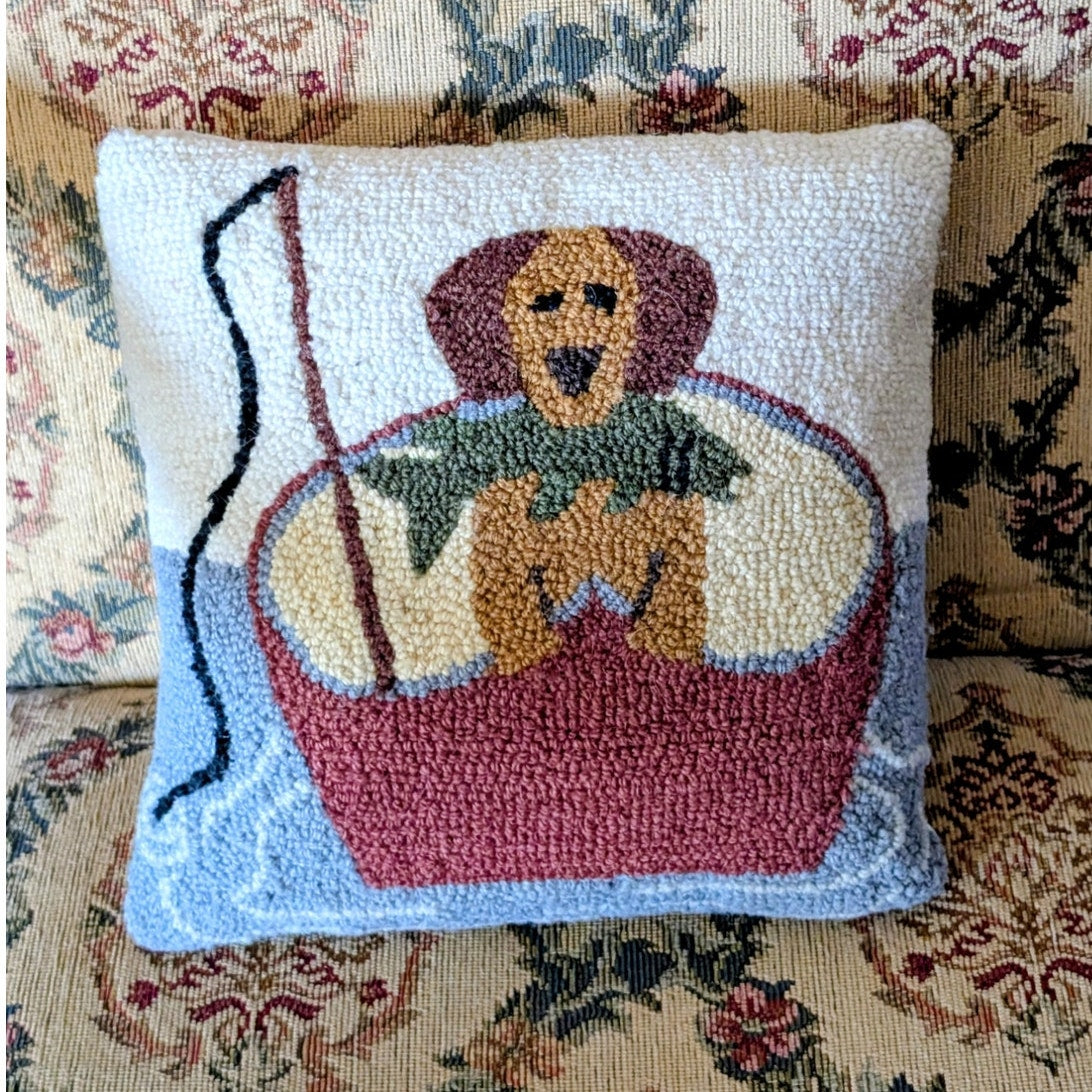 Dog Fishing in Canoe with Fish in Mouth Hooked Throw Pillow