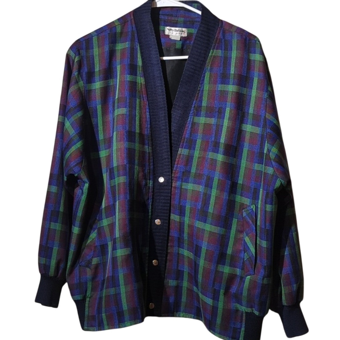 Bo Sung Plaid Snap Front Ribbed Placket, Hem, and Cuff Jacket Women's Sz XL