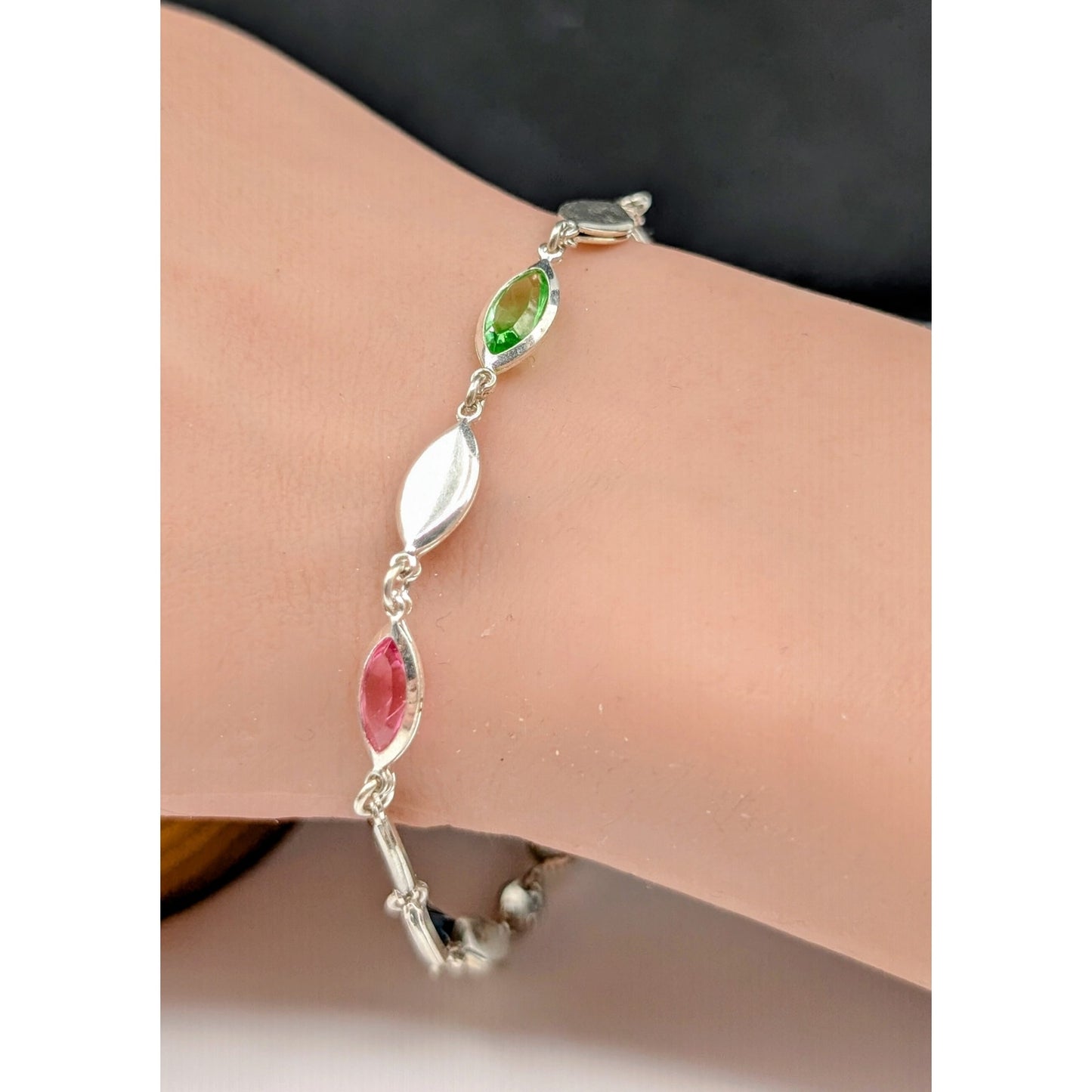 VTG Looks Like 'Powel'l 925 Sterling Silver Cut Glass Marquis Station Bracelet