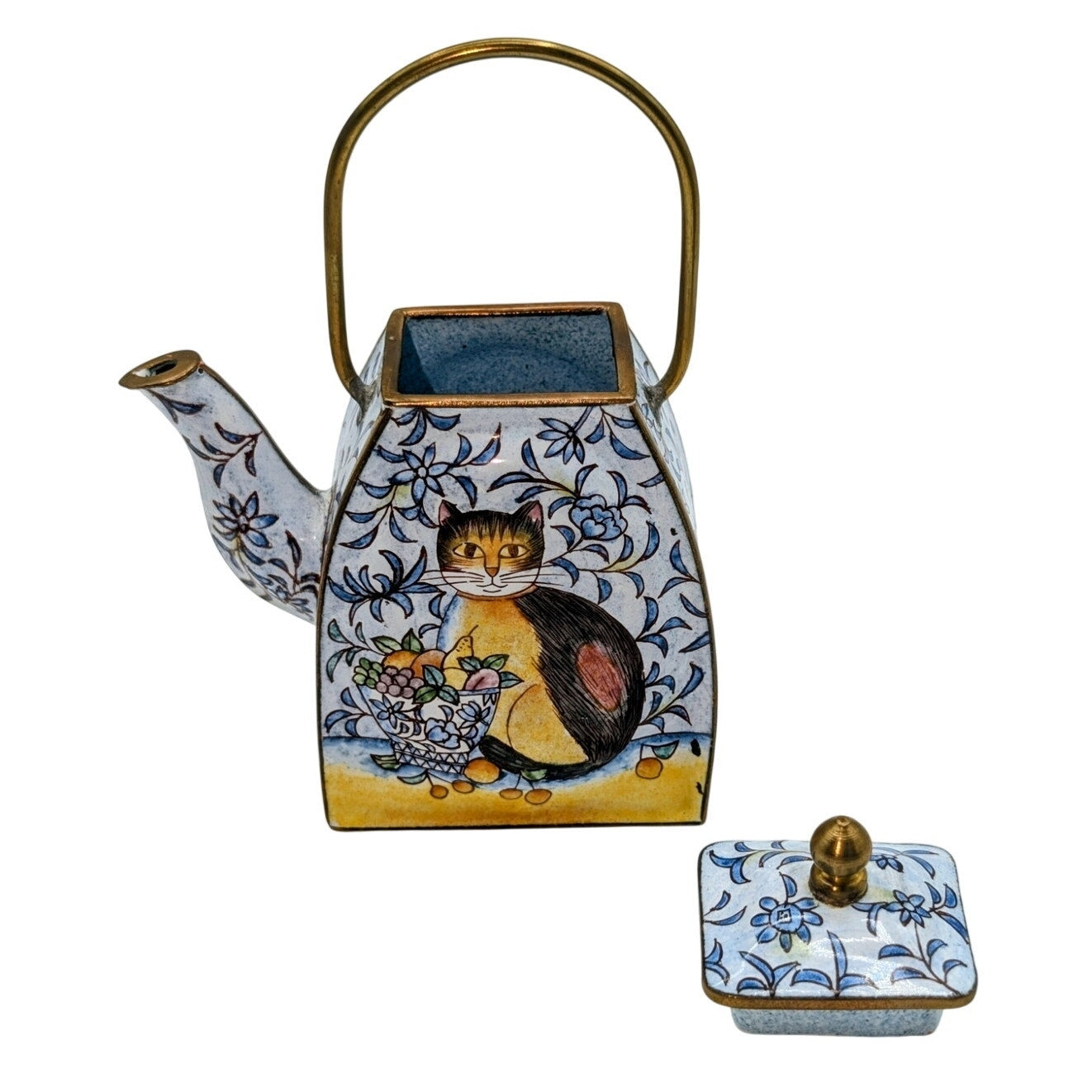 Vintage Empress Arts 1999 Enamel Cat Brass Collectible Mini Teapot