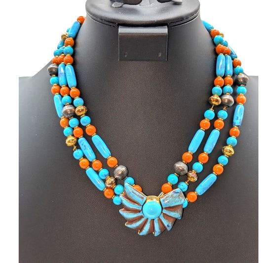 Vintage Three Strand Aqua Brick Gold Tone & Silver Tone Beaded Pendant Necklace