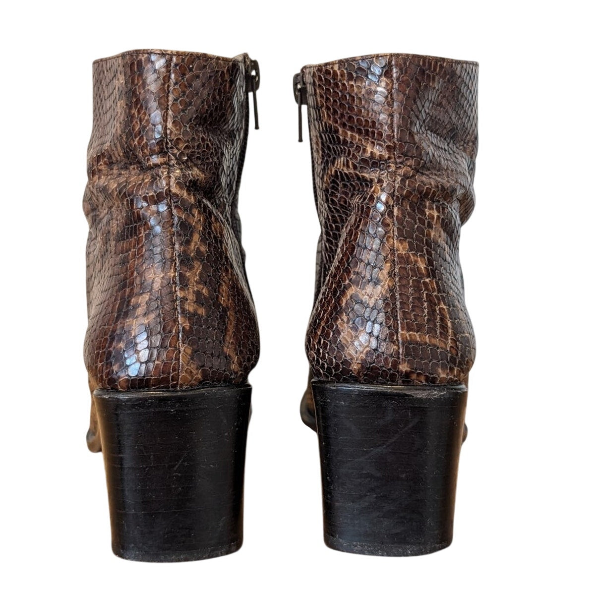 Via Spiga Snakeskin Print Brown Leather Zip Ankle Boots Square Toe Italy Sz 7.5M