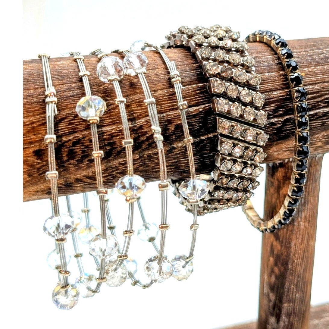 Lot of Eight Silver Tone Crystal Rhinestone Faux Pearl Beaded Bracelets