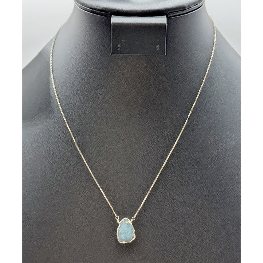 Tests as Aqua Raw Stone Druzy Unmarked Silver Tone Chain 16.5"-18.25" Necklace