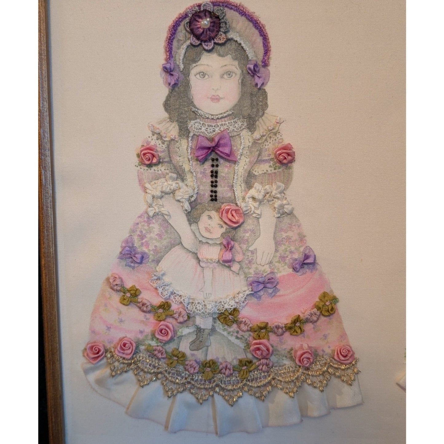 Vintage Ribbon & Lace Print Lady in Vintage Wood Frame