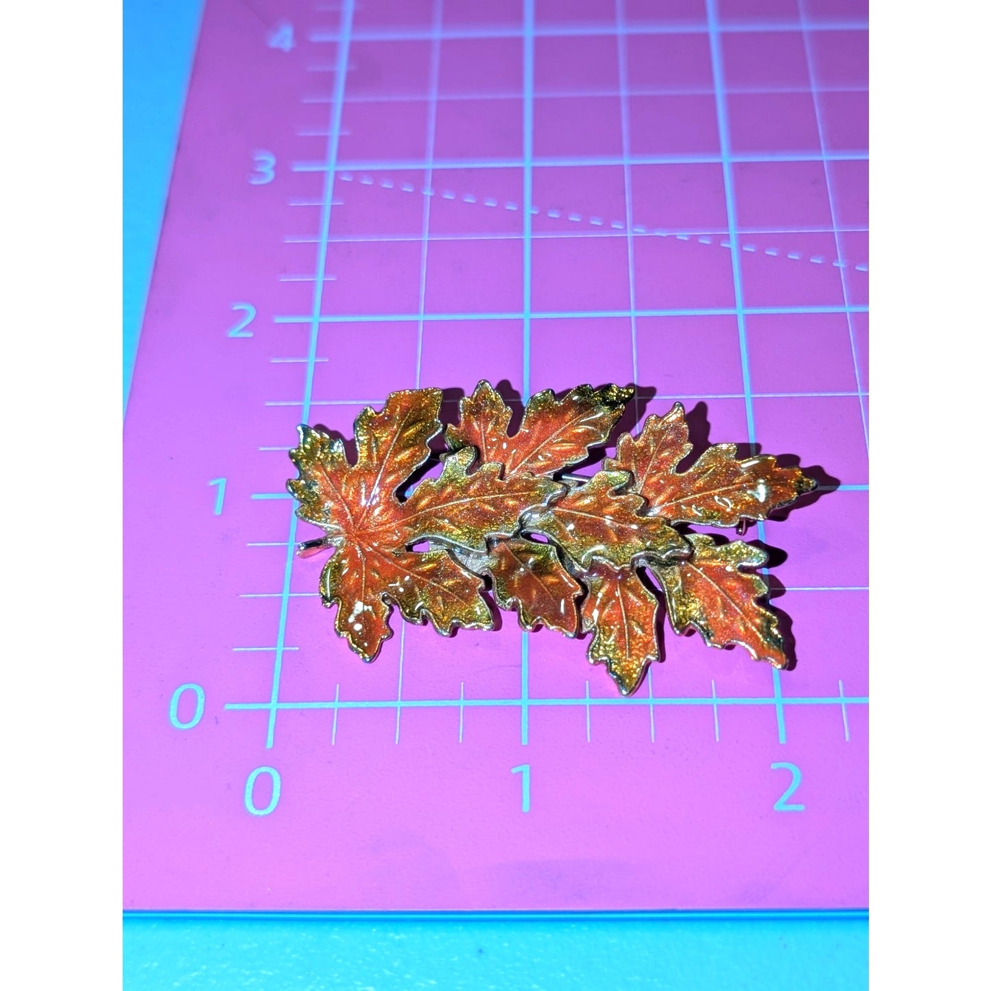 Vintage Kenneth Cole Signed KC Orange Green Enamel Gold Tone Maple Leaf Brooch