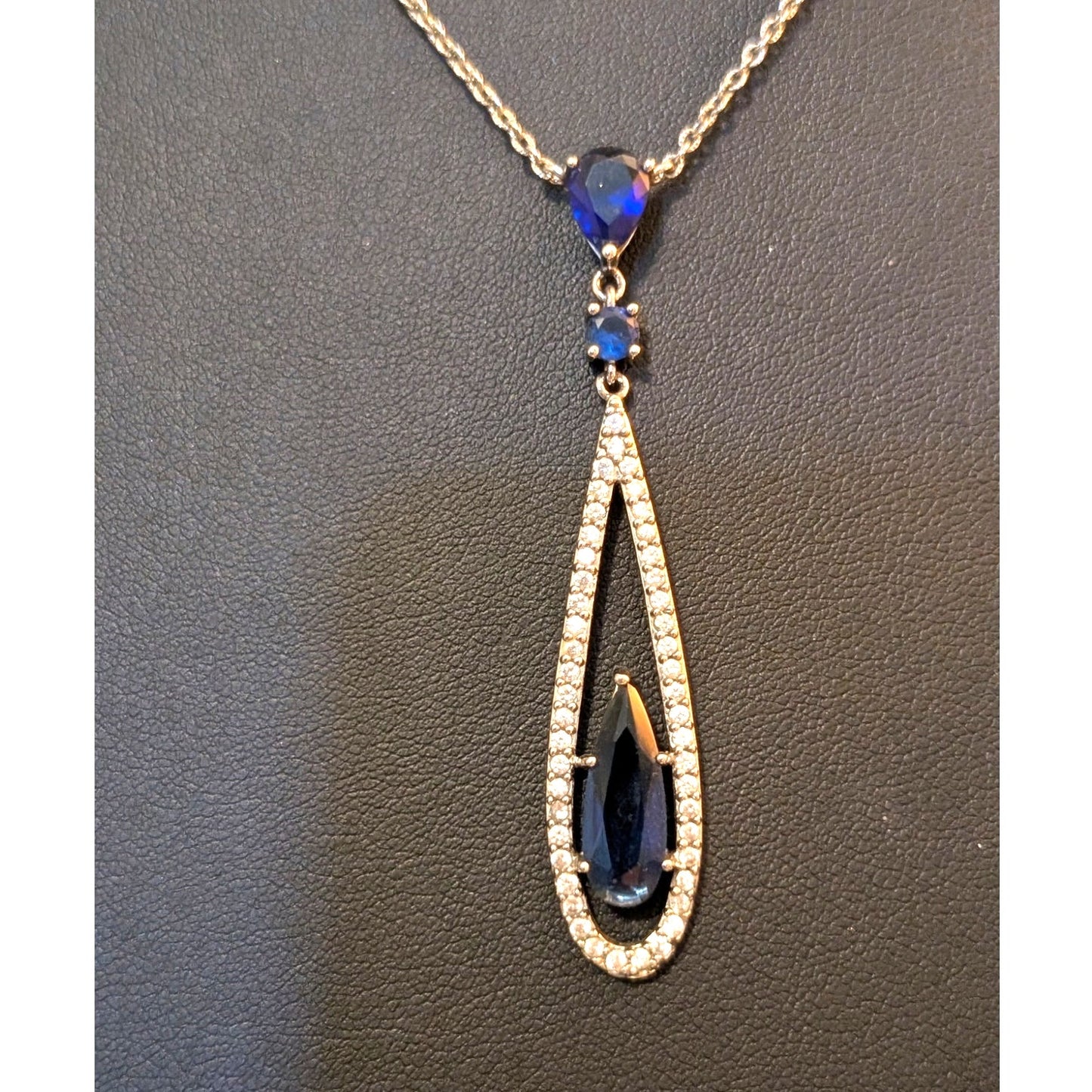 Carolee Faux Sapphire Silver Tone Linear Teardrop 19" Necklace