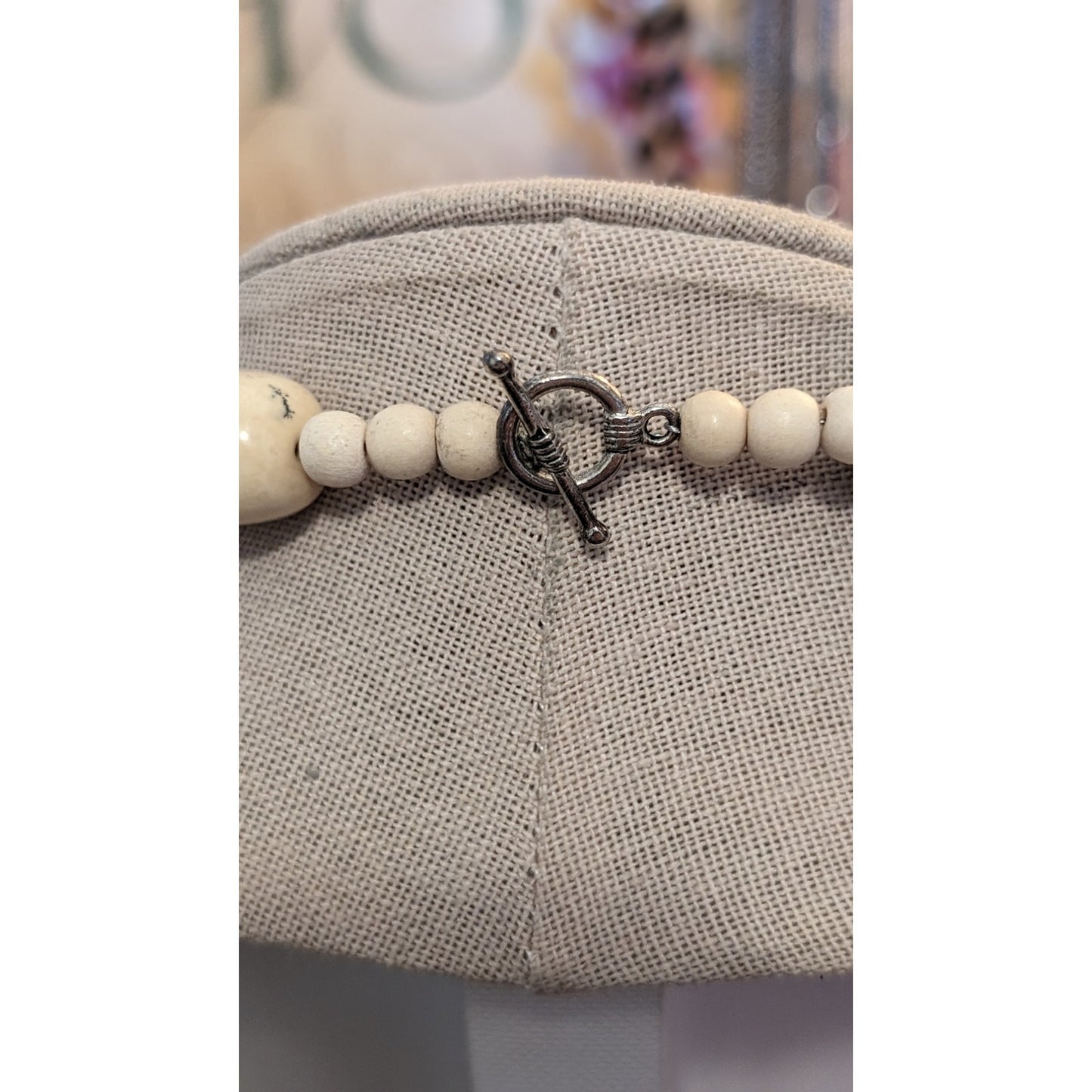 Round Wood Round Blue & Cream Howlite 36" Beaded Toggle Clasp Necklace