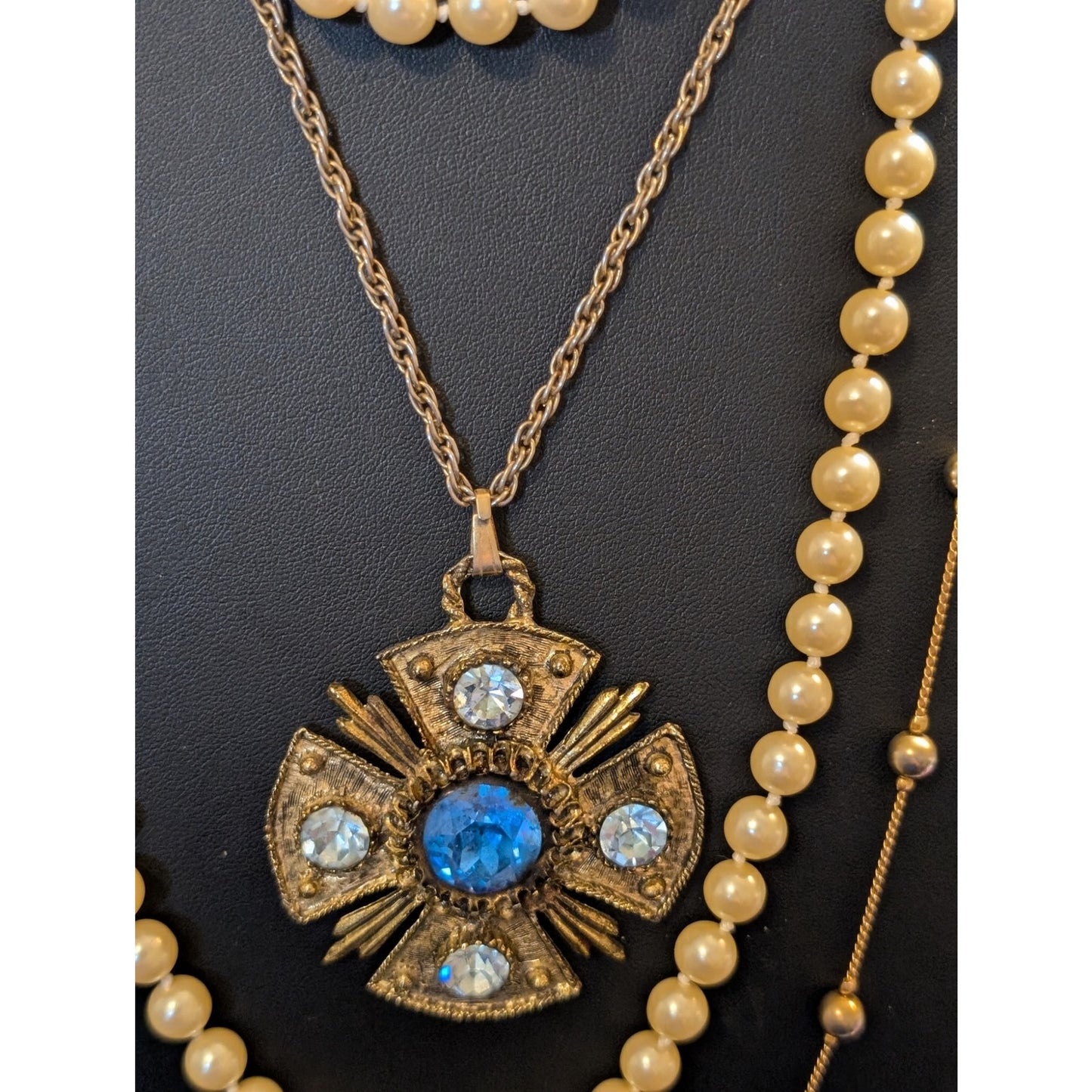 Lot of Three Layered Blue Rhinestone Faux Pearl Beaded Gold Tone Chain Necklaces
