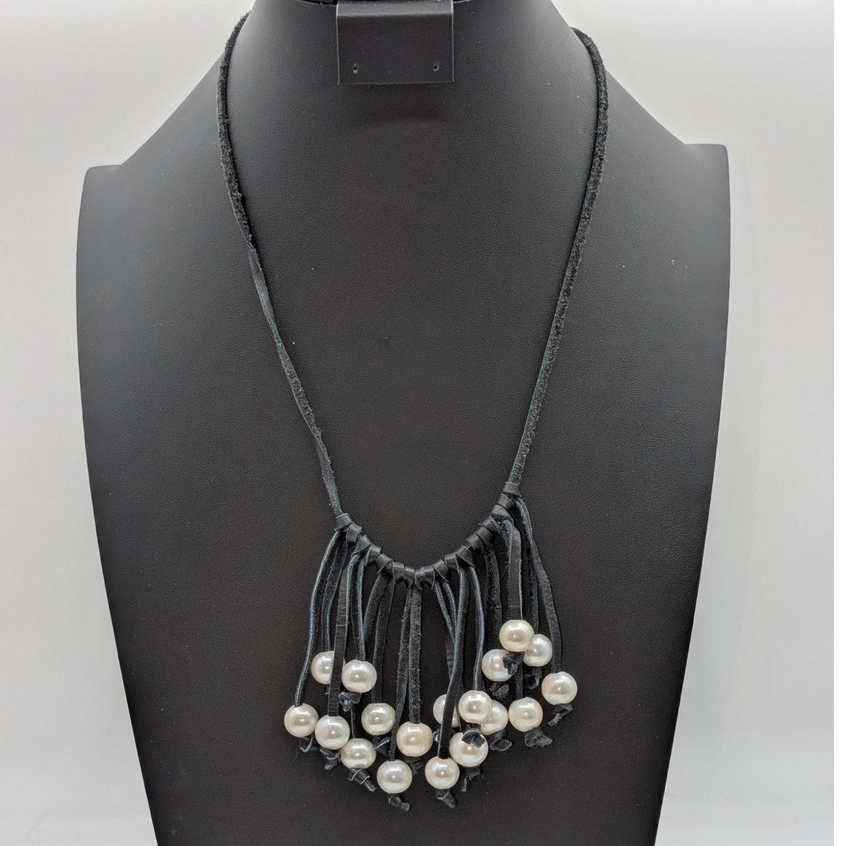 Faux Pearl Adjustable Leather Cord Fringe Boho Hippie Necklace