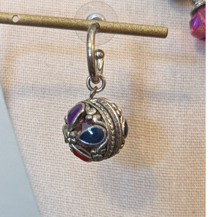 Purple Leather Corded Silvertone Enamel Fuschia Beaded Necklace & 1 Earring