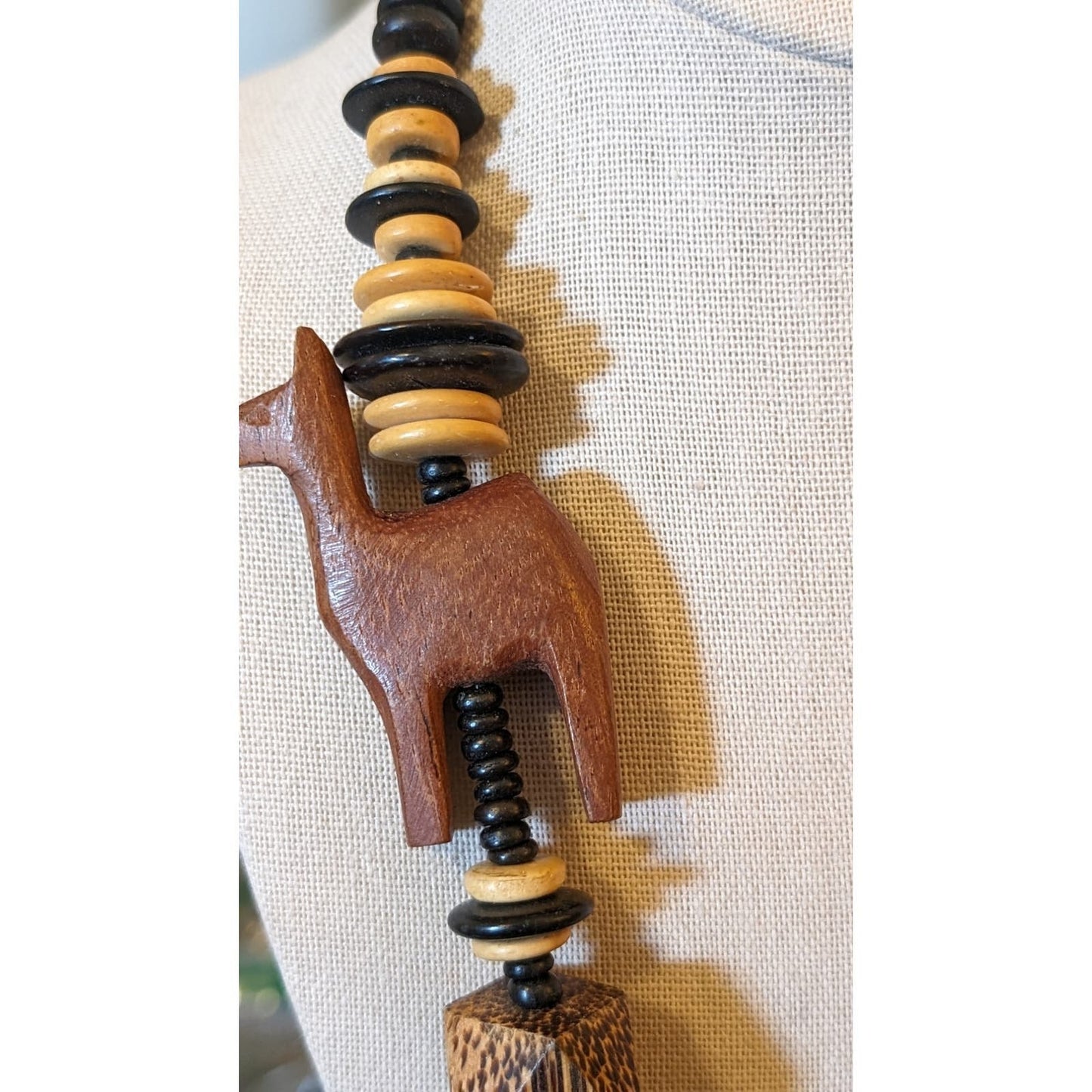 Vintage Chunky Boho Carved Wooden Animal Beaded Necklace