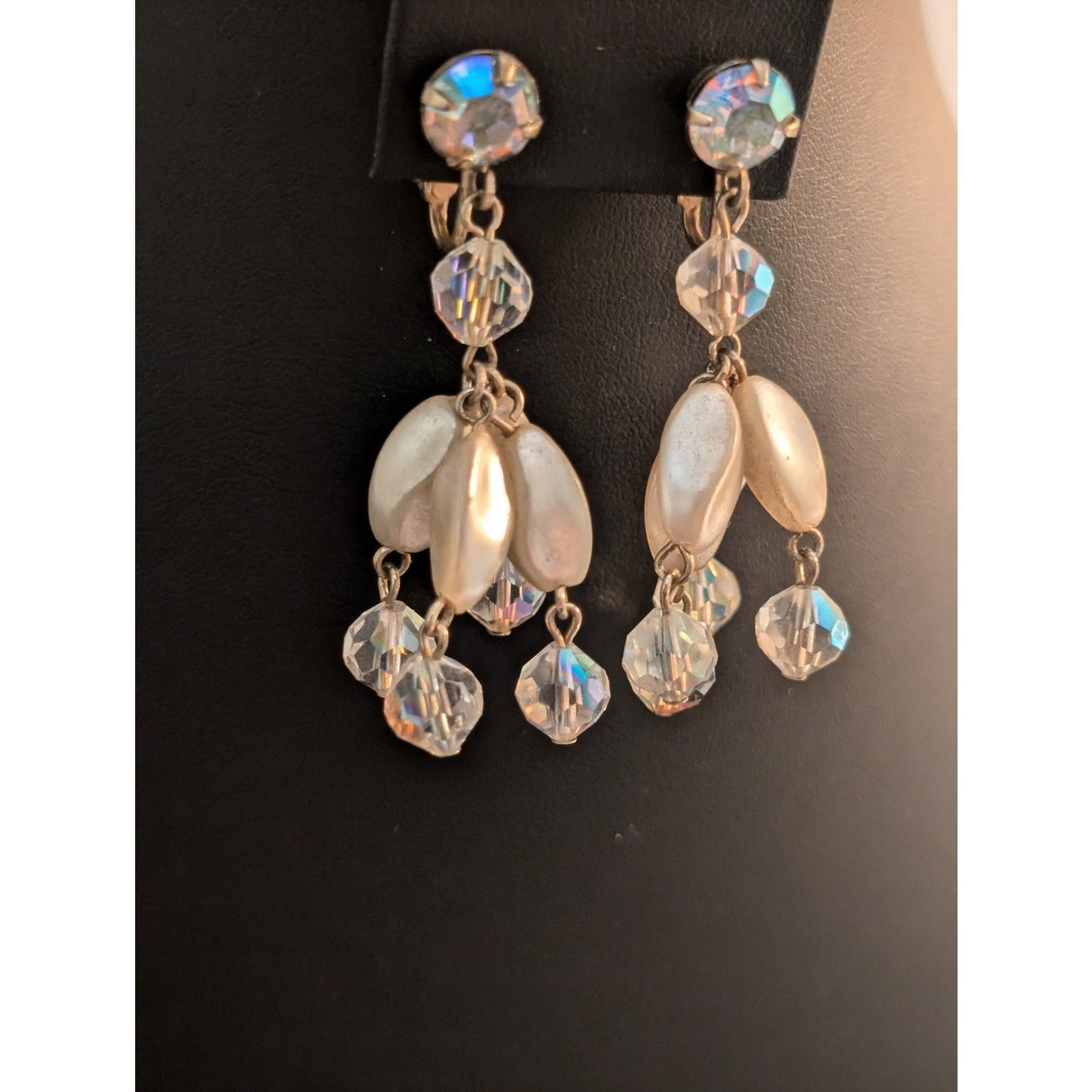 Vintage Aurora Borealis Crystal Faux Pearl Chandelier Dangle Clip On Earrings