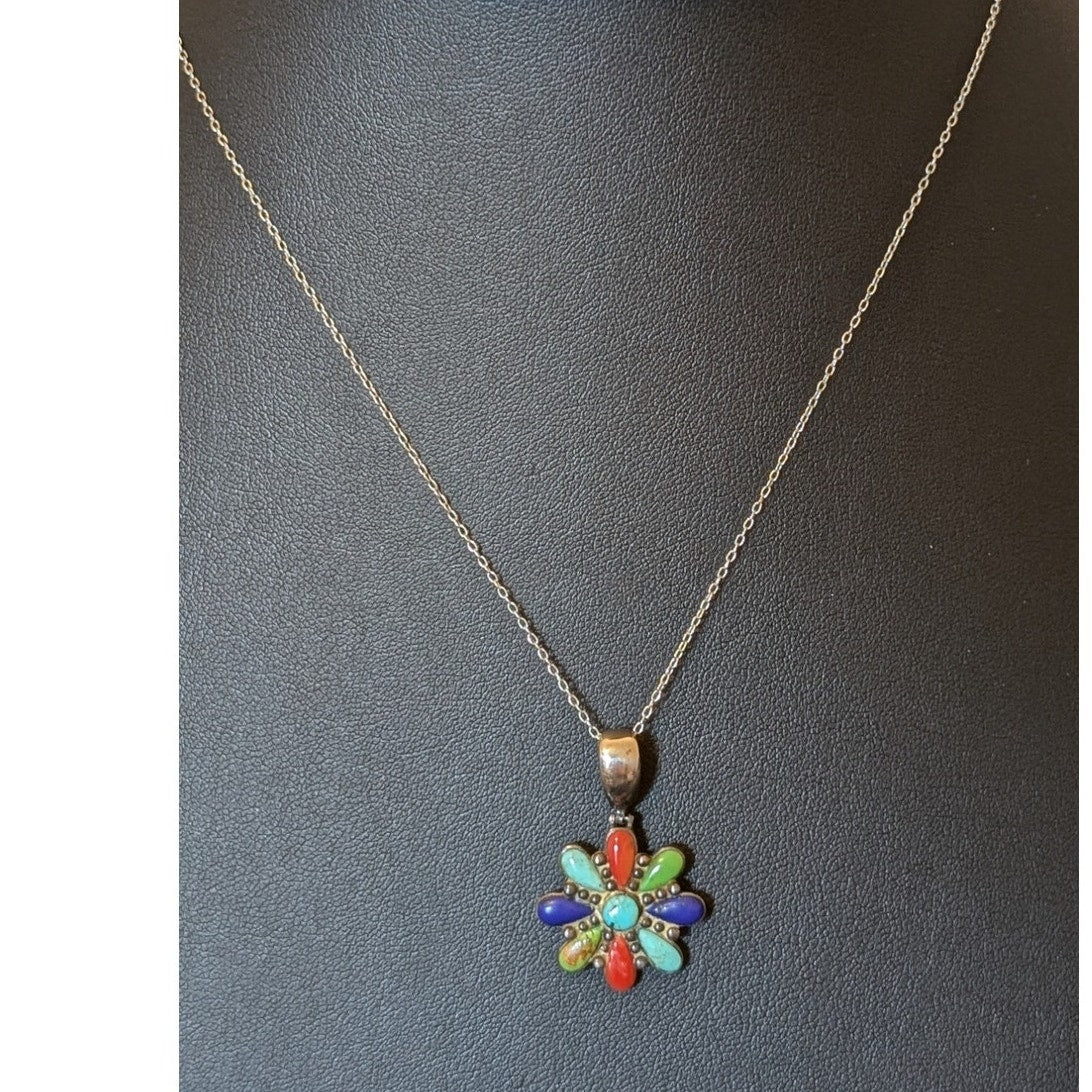 Vintage Southwest Navajo Sterling Multi Gemstone Flower Pendant 925 Silver Chain