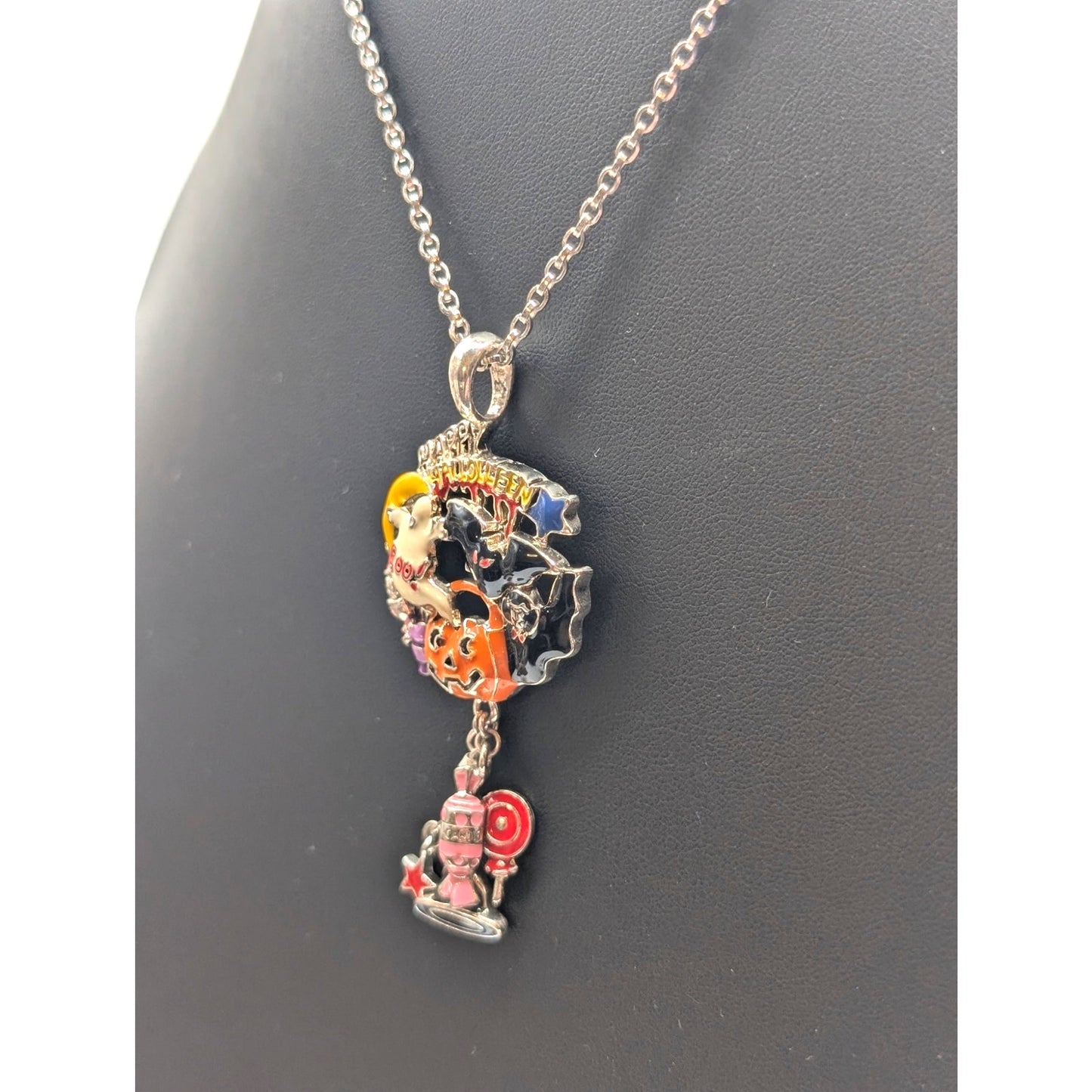 Happy Halloween Pumpkin Boo Ghost Bat Vampire Enamel Silver Tone 17" Necklace