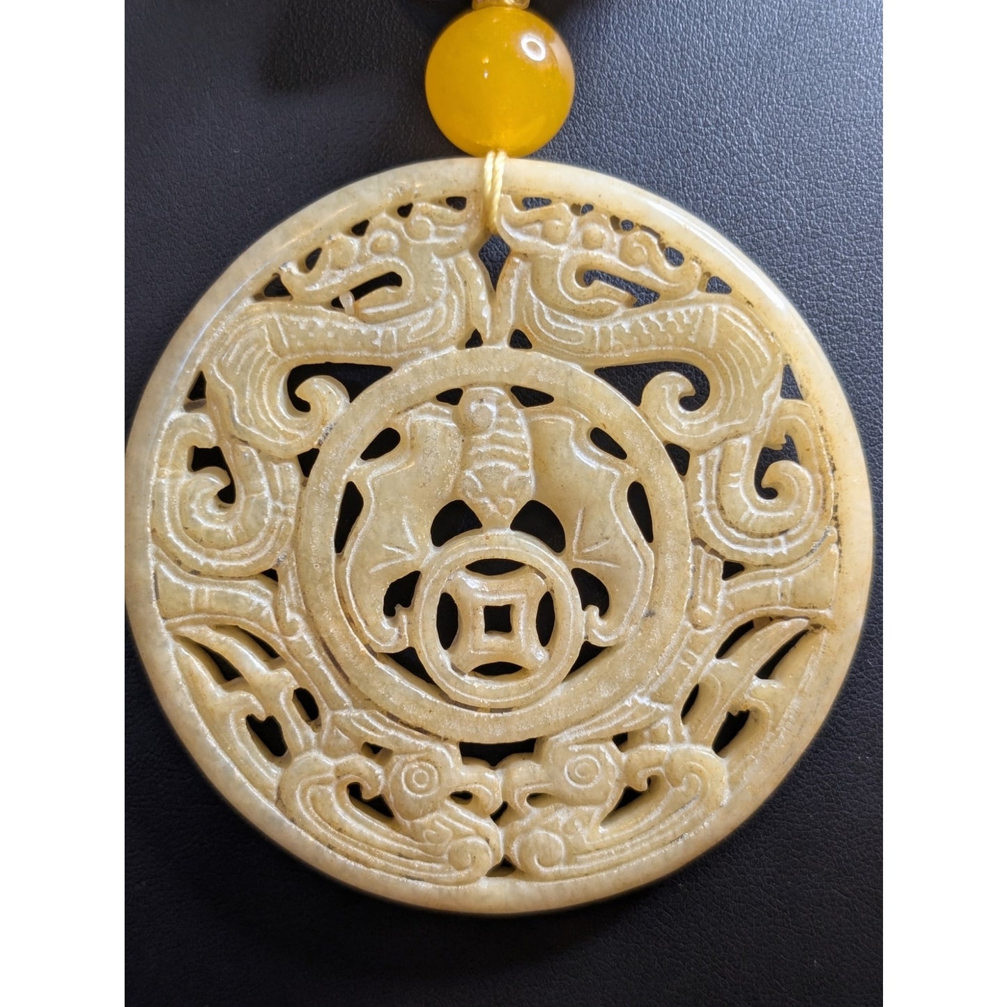 24" Asian Motif Silver Tone Carved Jade & 14mm Peach Aventurine Necklace 177.1g