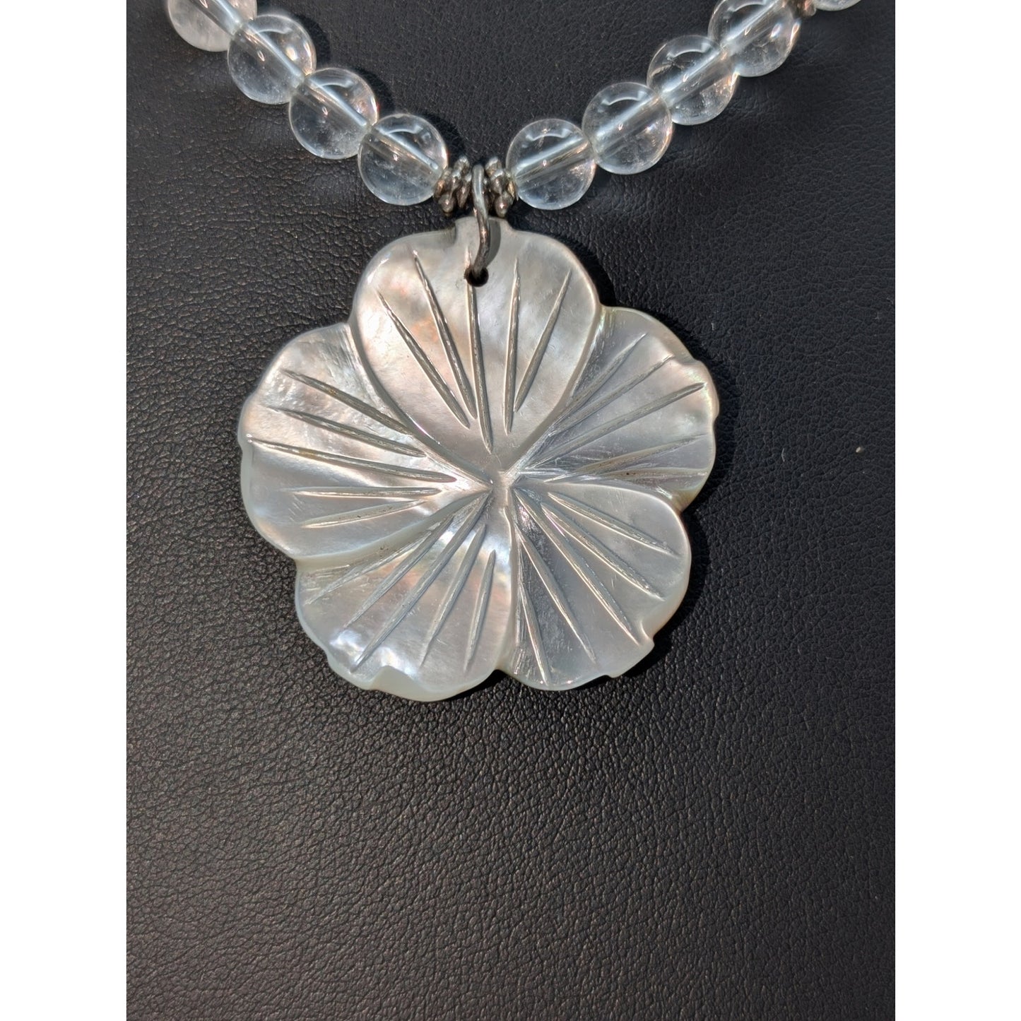 Vintage 925 Sterling Silver Quartz Bead Shell Flower Pendant 17.5" Necklace