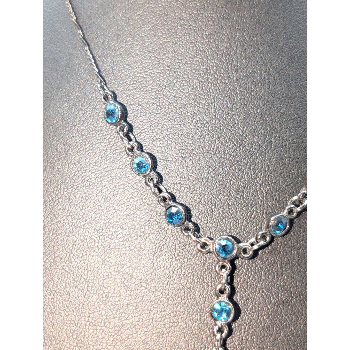 Gun Metal 'Y' Drop Blue Austrian Crystal U.S.A. Heart Chain 16" Necklace