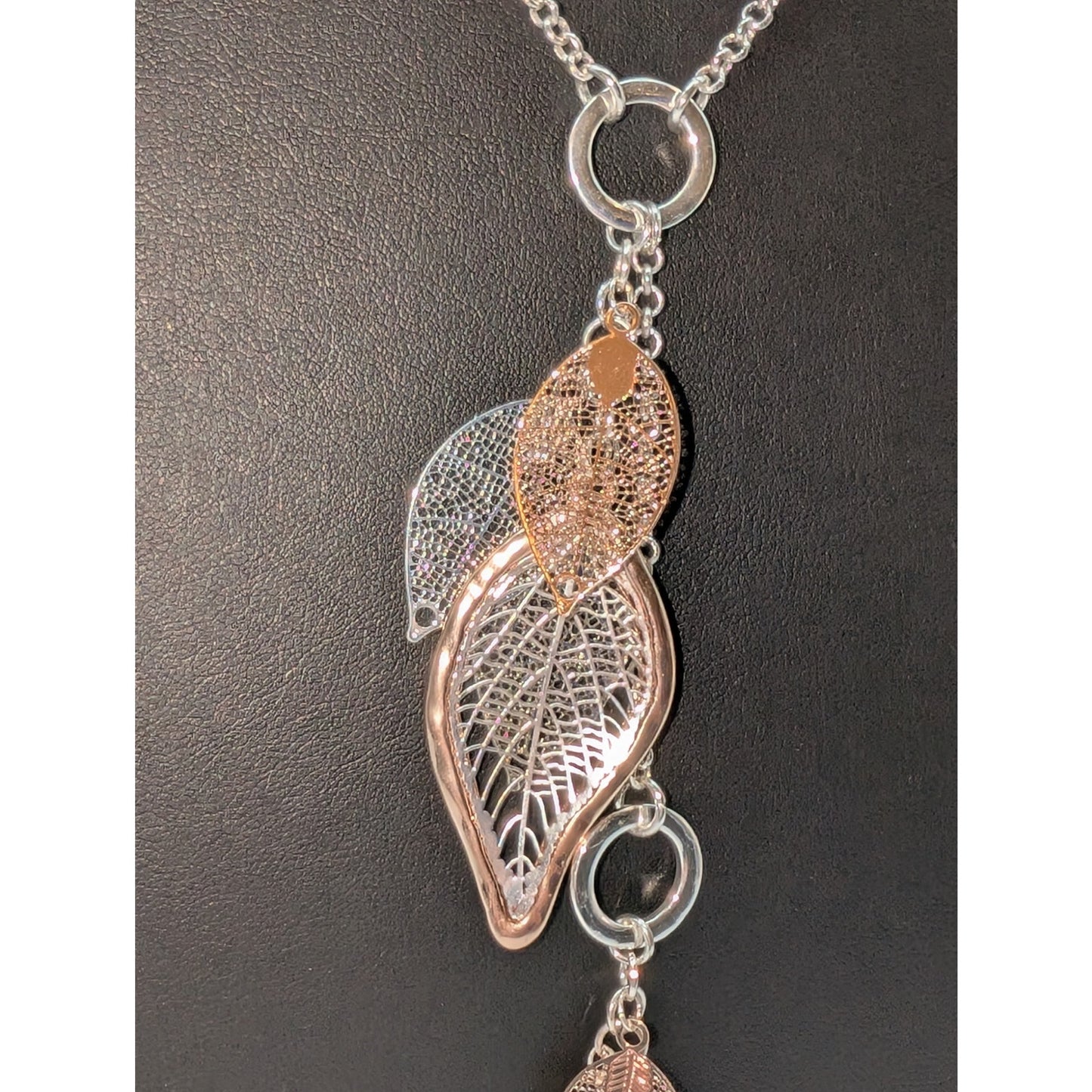 Silver & Rose Tone Dangle Veiny Leaf Dangles Long 30" Plus 6.25" Necklace