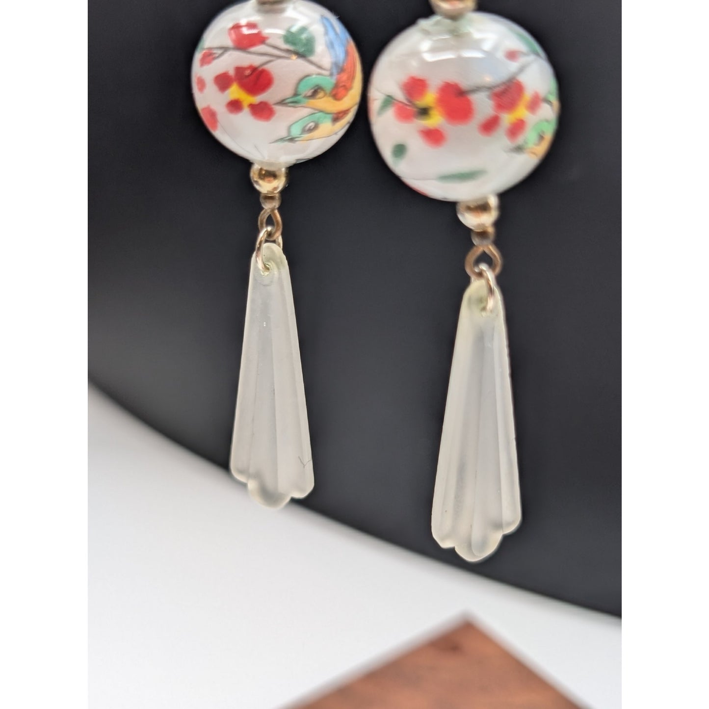 Vintage Japanese Painted Glass Bead White Frosted Dangle Earrings