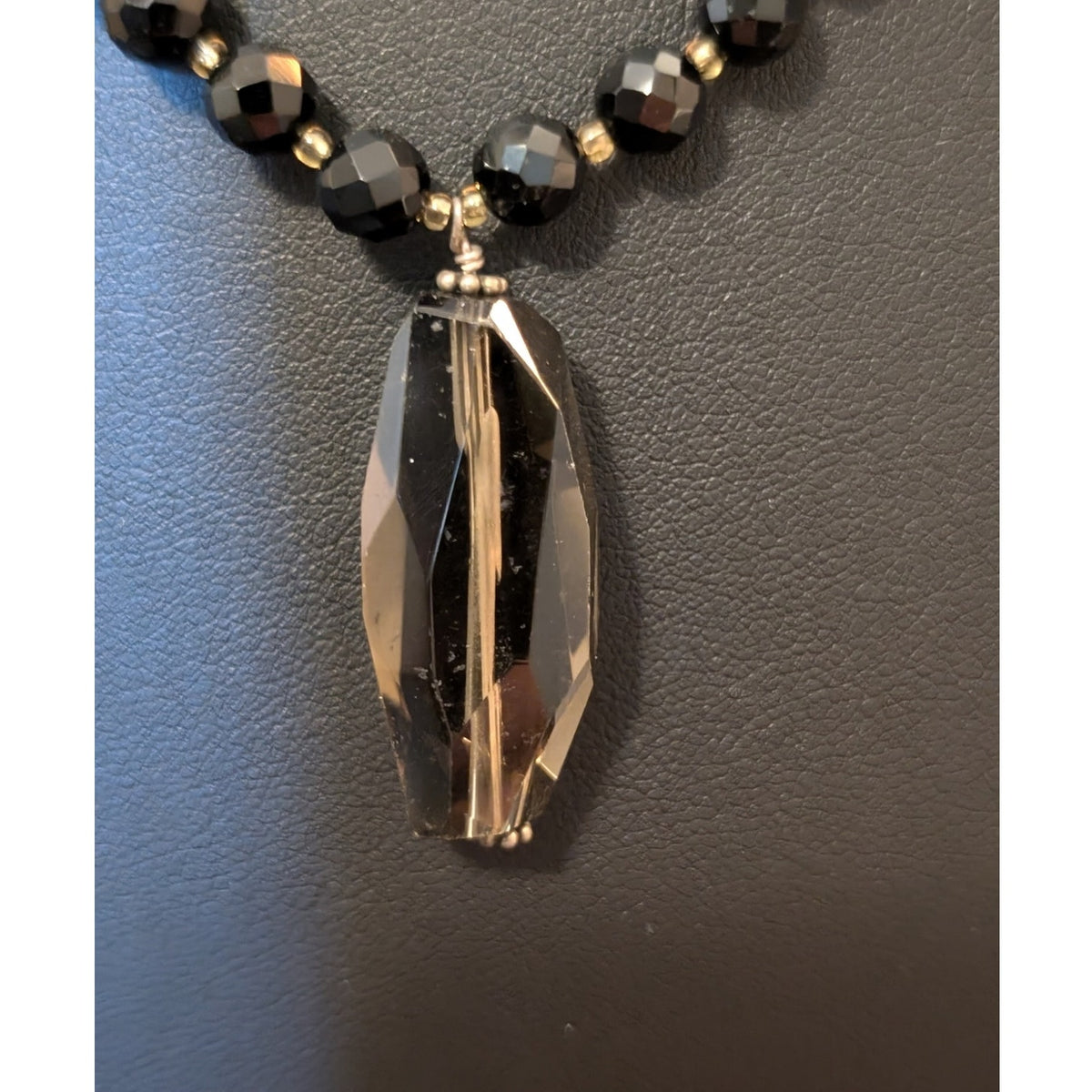 Peyote Bird Black Onyx Faceted Beads & Elongated Smoky Quartz Pendant Necklace