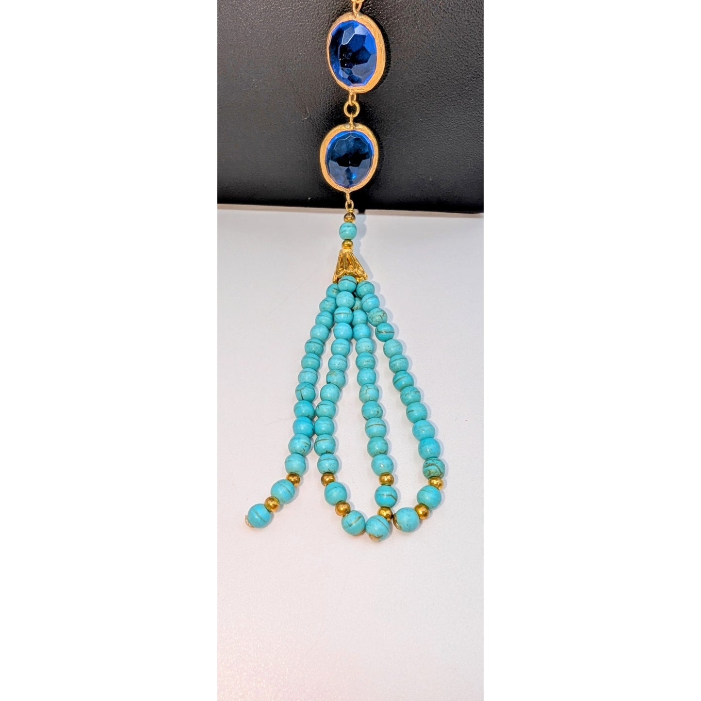 Dyed Howlite Sapphire Glass Gold Tone Bezel Set Tassel Slip Over 28" Necklace