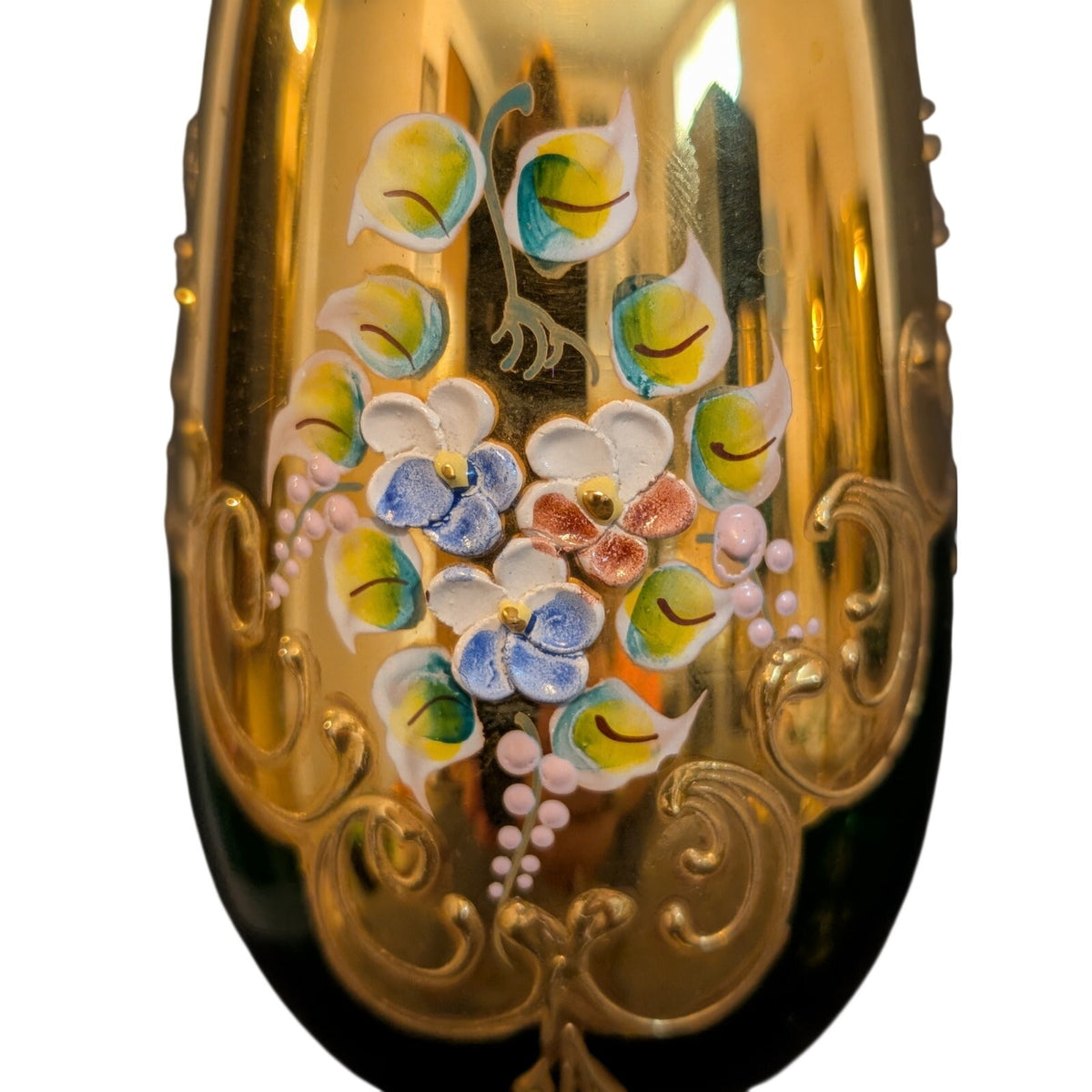 Vintage 50s Green Stem Wine Goblet Tre Fuochi Murano Italy Venetian Heavy Gilt