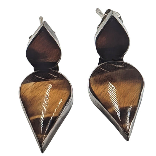 Vintage 925 Sterling Silver Marked Chile Tiger's Eye Hinged Dangle Post Earrings